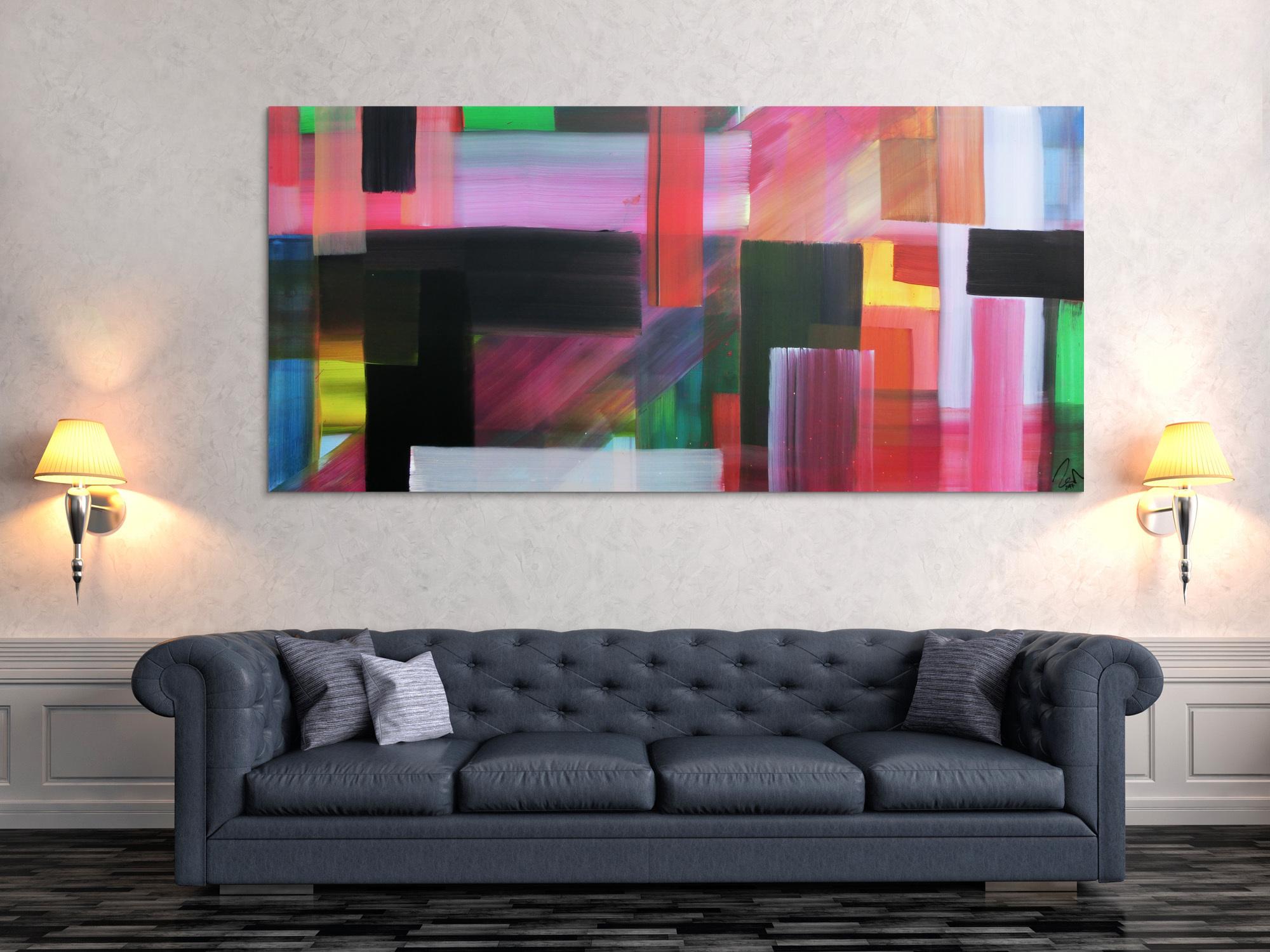 Abstraktes Acrylbild bunte Streifen sehr modern viele Farben hell und dunkel zeitgenössisch