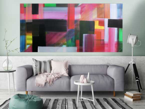 Abstraktes Acrylbild bunte Streifen sehr modern viele Farben hell und dunkel zeitgenössisch