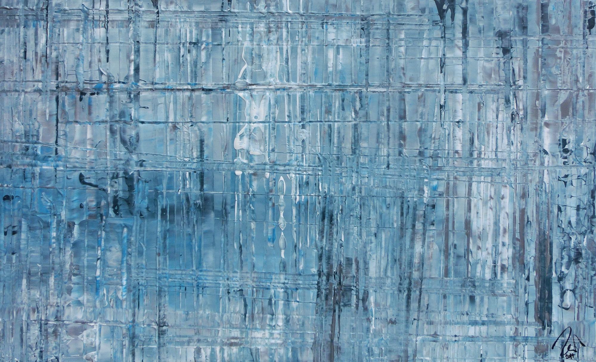 Abstraktes Acrylbild modern weiß türkis grau hellblau helle Farben