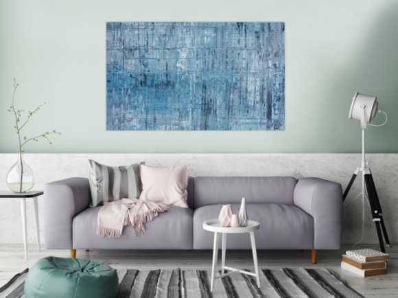 Abstraktes Acrylbild modern weiß türkis grau hellblau helle Farben
