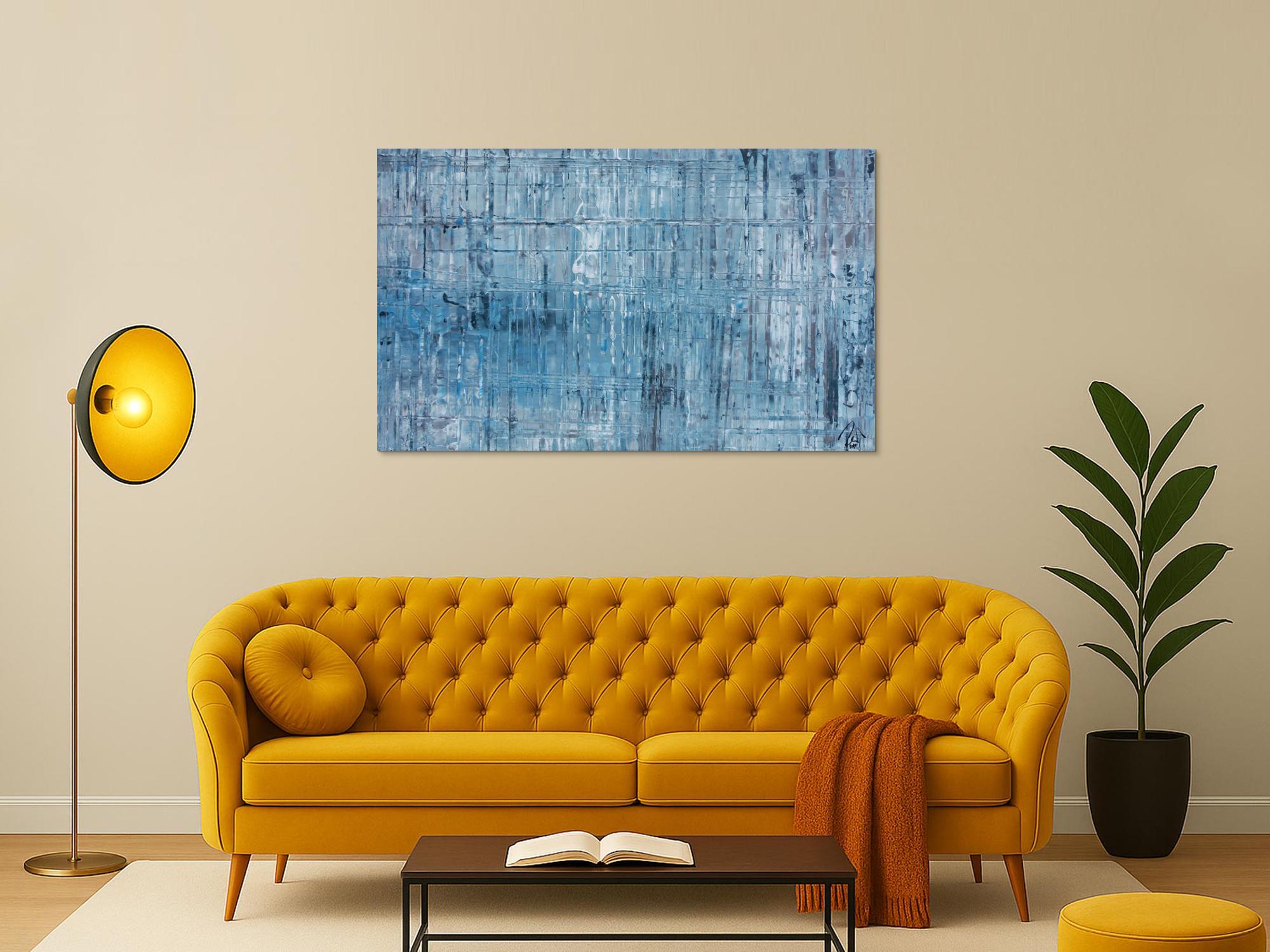 Abstraktes Acrylbild modern weiß türkis grau hellblau helle Farben