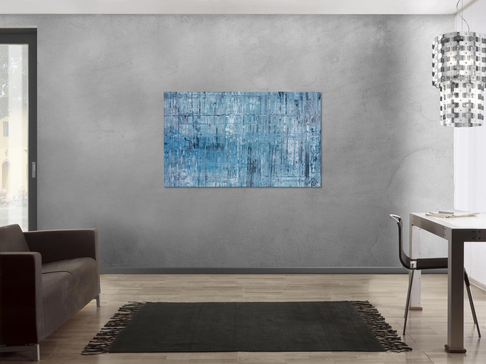 Abstraktes Acrylbild modern weiß türkis grau hellblau helle Farben