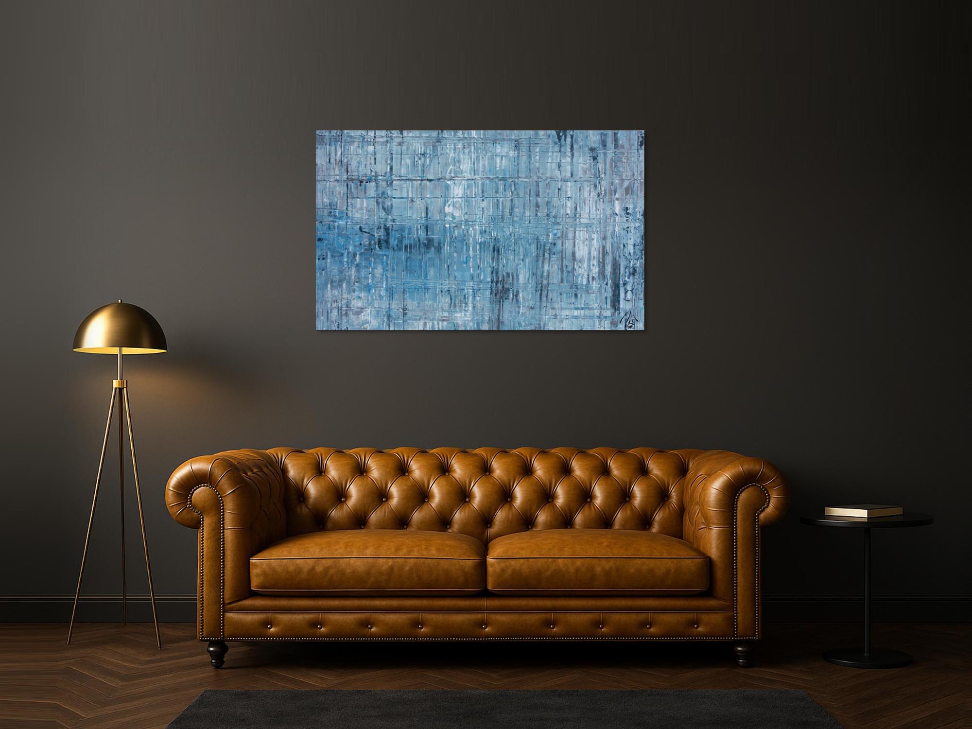 Abstraktes Acrylbild modern weiß türkis grau hellblau helle Farben