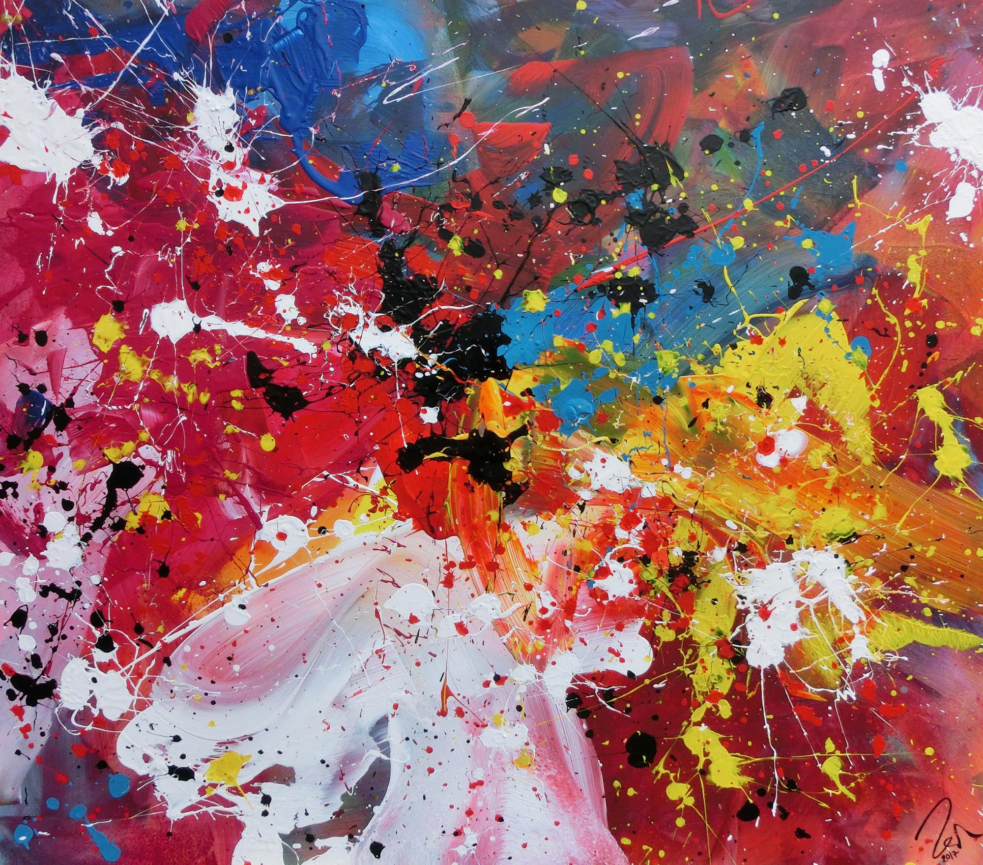 Abstraktes Acrylbild sehr bunt Action Painting modernes Gemälde Zeitgenössisch viele Farben