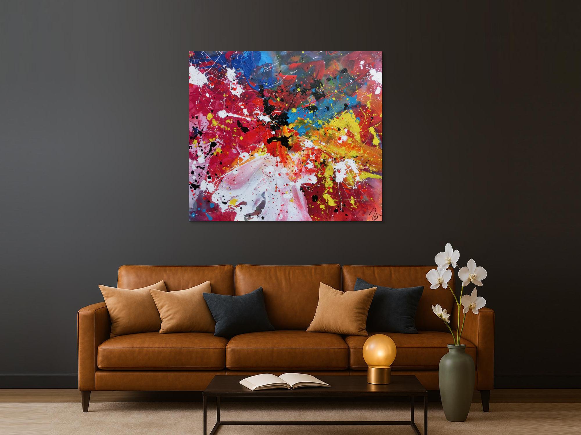 Abstraktes Acrylbild sehr bunt Action Painting modernes Gemälde Zeitgenössisch viele Farben