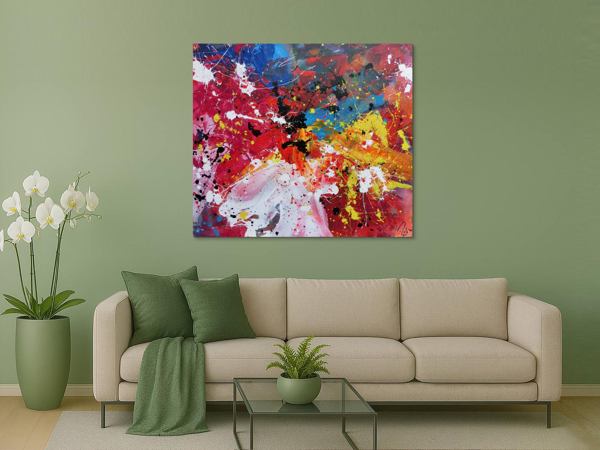 Abstraktes Acrylbild sehr bunt Action Painting modernes Gemälde Zeitgenössisch viele Farben