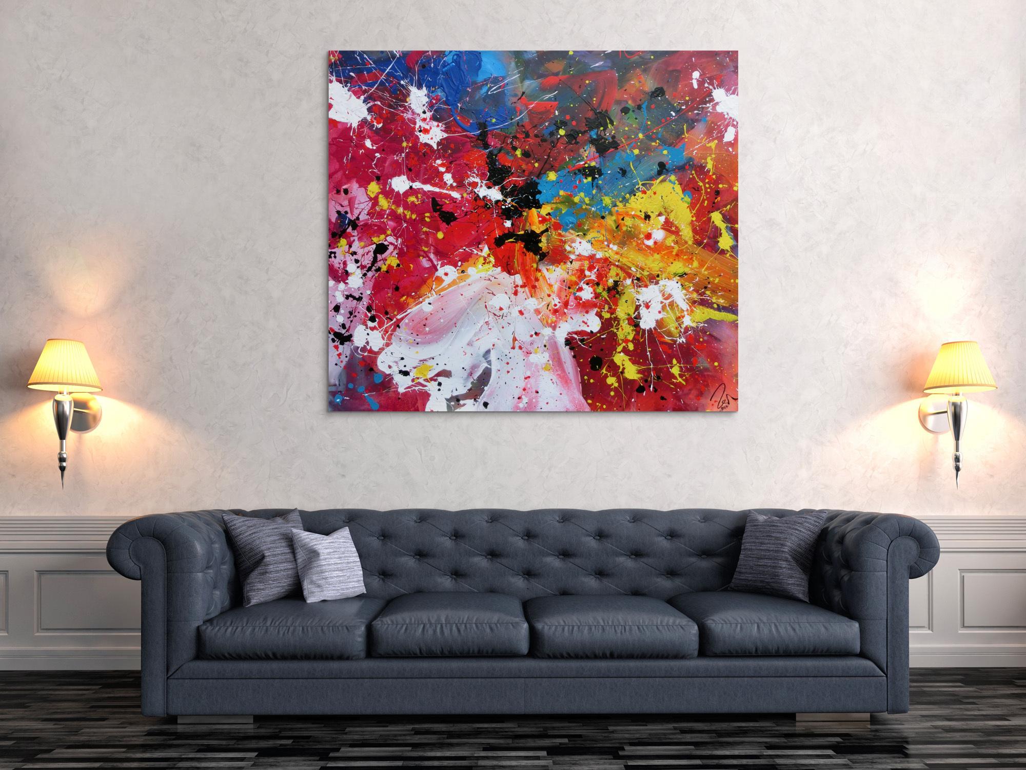 Abstraktes Acrylbild sehr bunt Action Painting modernes Gemälde Zeitgenössisch viele Farben