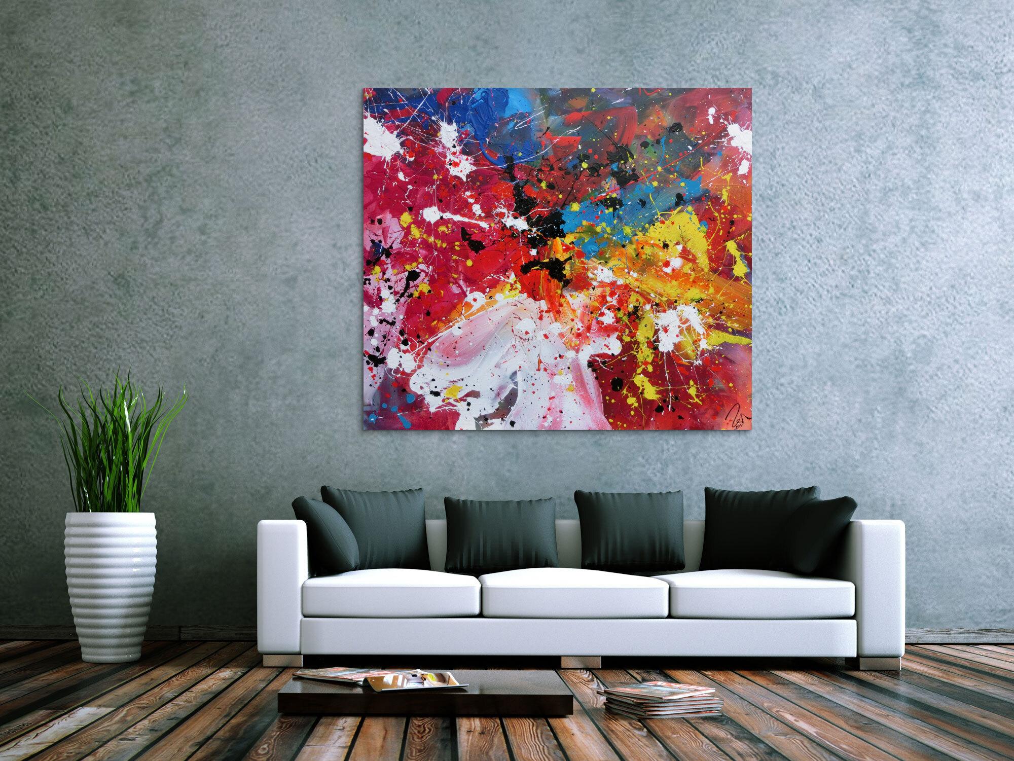 Abstraktes Acrylbild sehr bunt Action Painting modernes Gemälde Zeitgenössisch viele Farben