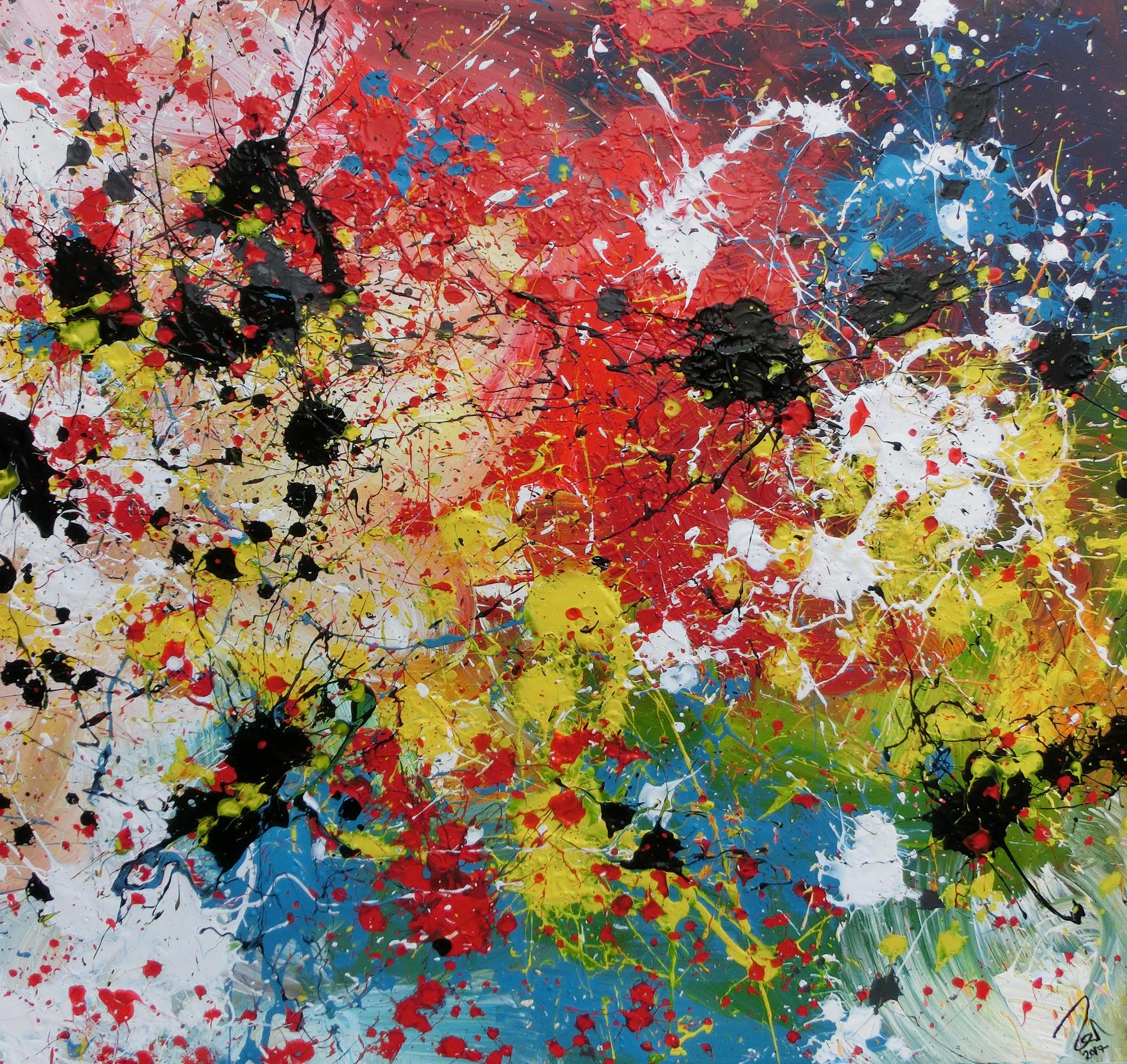 Abstraktes Acrylbild sehr bunt Action Painting Splash Art viele bunte Farben und Flecken