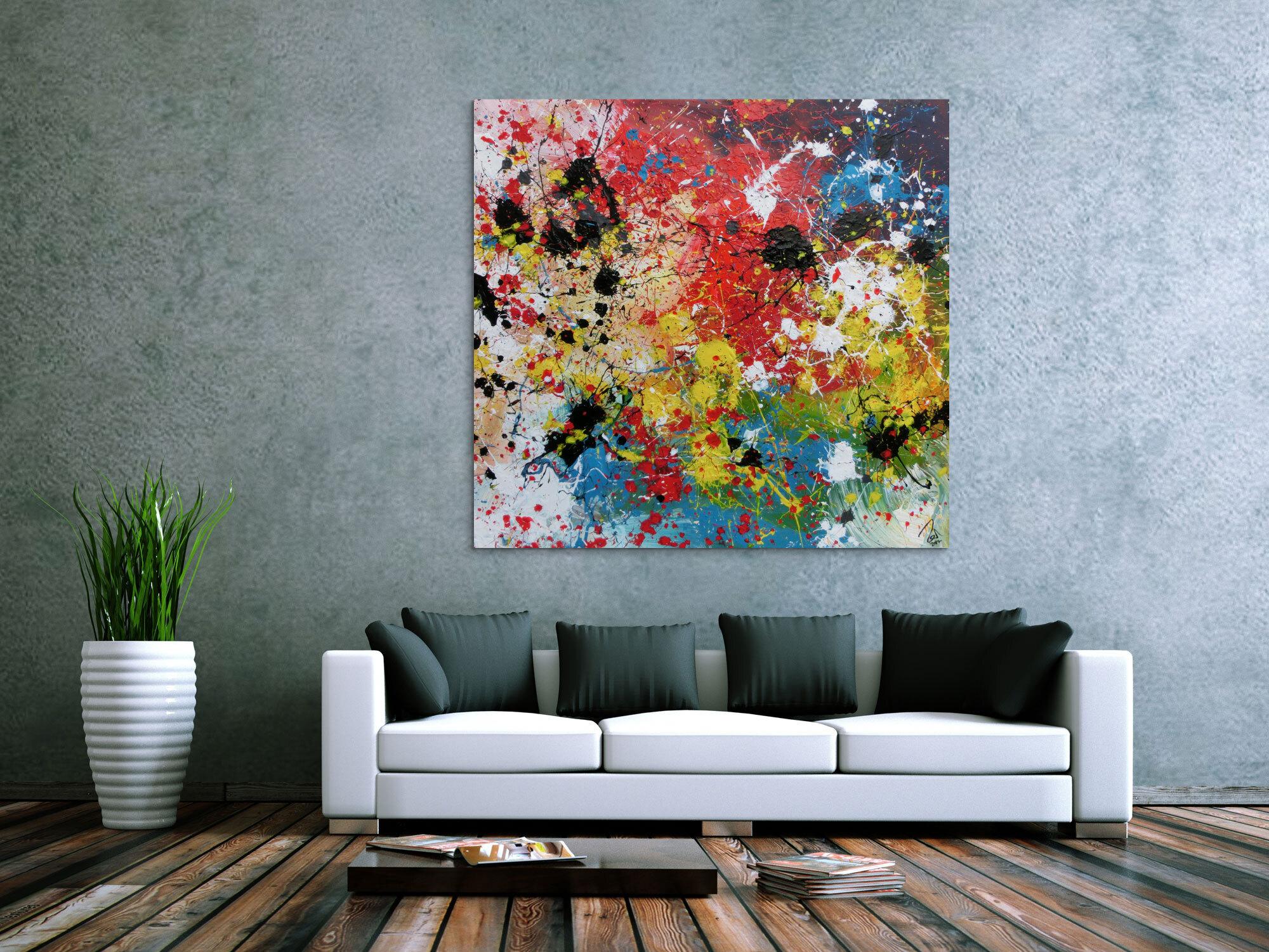 Abstraktes Acrylbild sehr bunt Action Painting Splash Art viele bunte Farben und Flecken