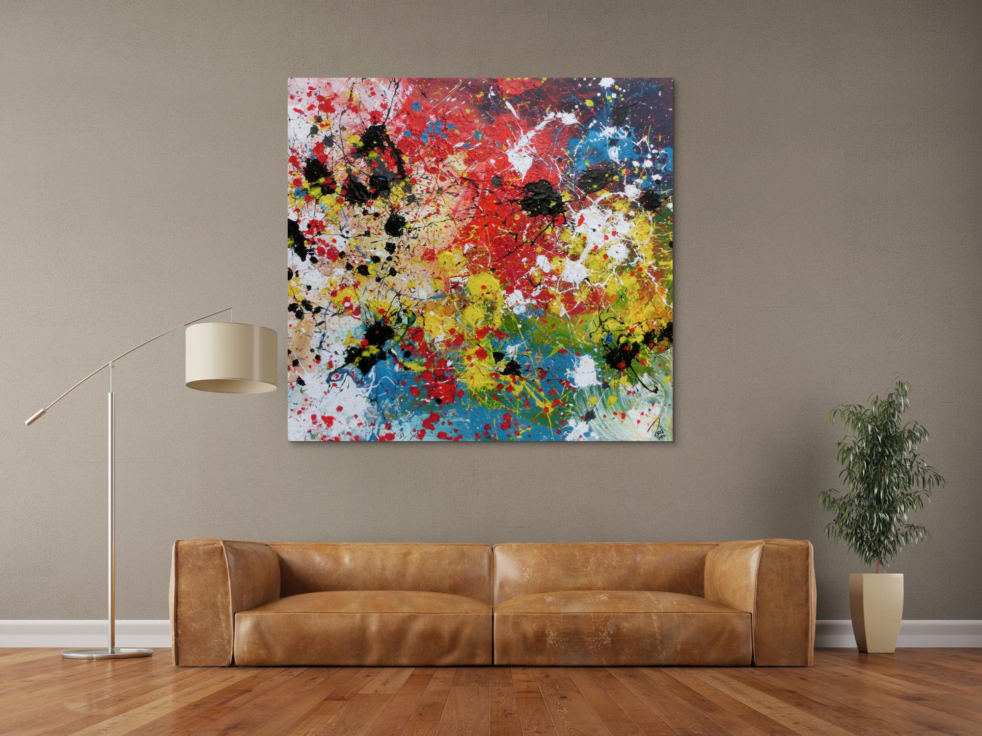 Abstraktes Acrylbild sehr bunt Action Painting Splash Art viele bunte Farben und Flecken