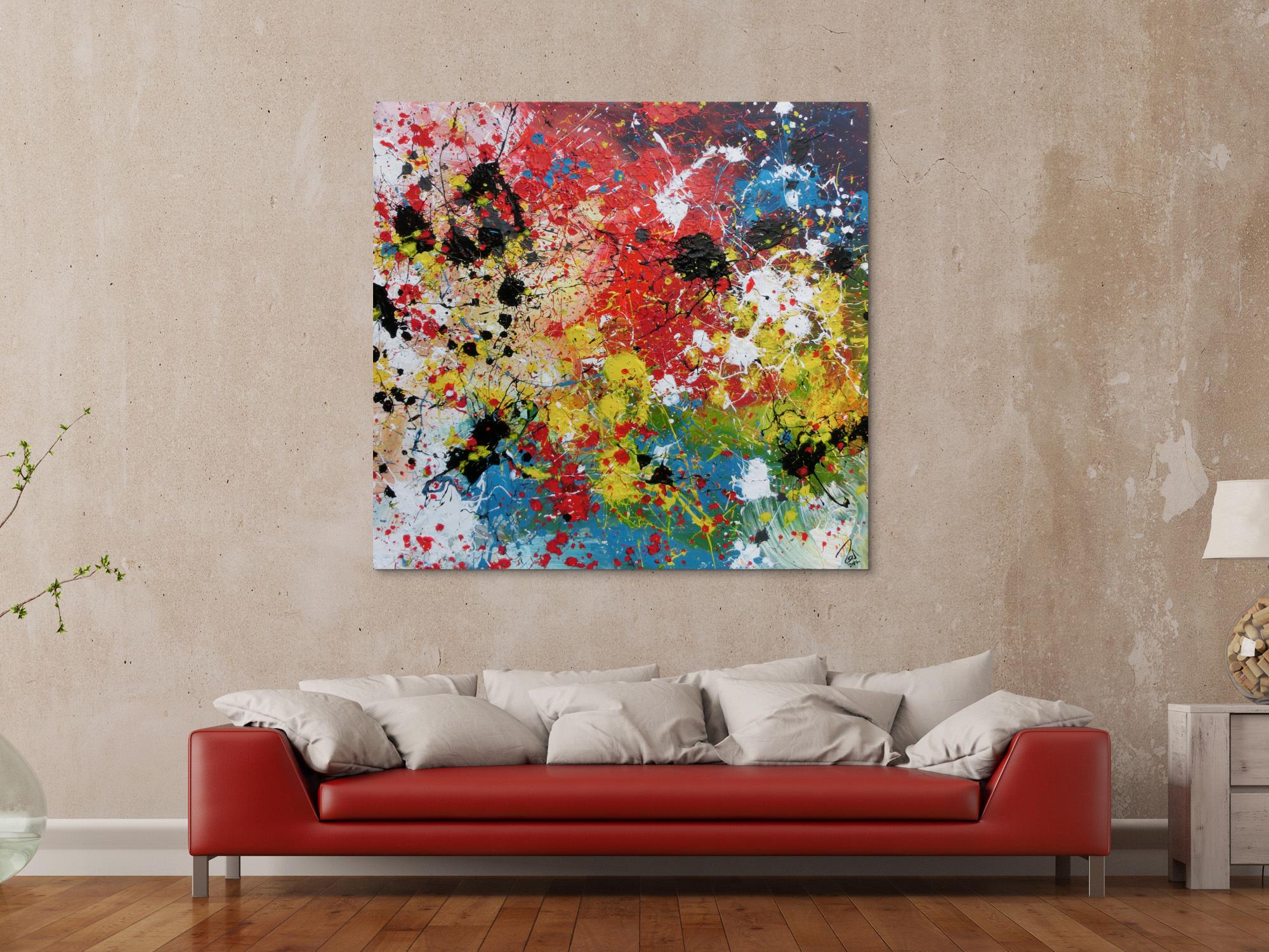 Abstraktes Acrylbild sehr bunt Action Painting Splash Art viele bunte Farben und Flecken