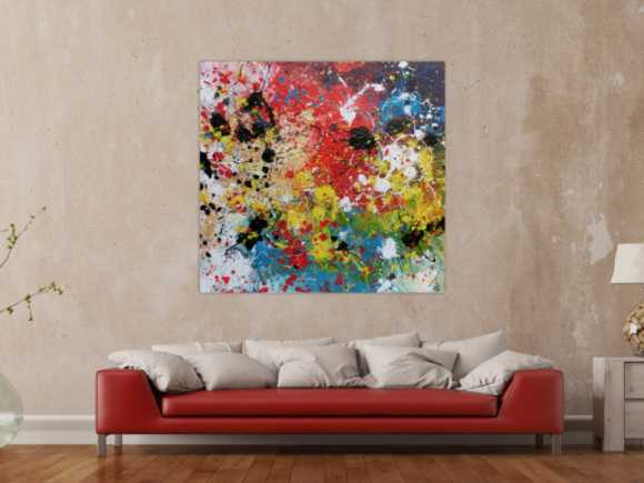 Abstraktes Acrylbild sehr bunt Action Painting Splash Art viele bunte Farben und Flecken