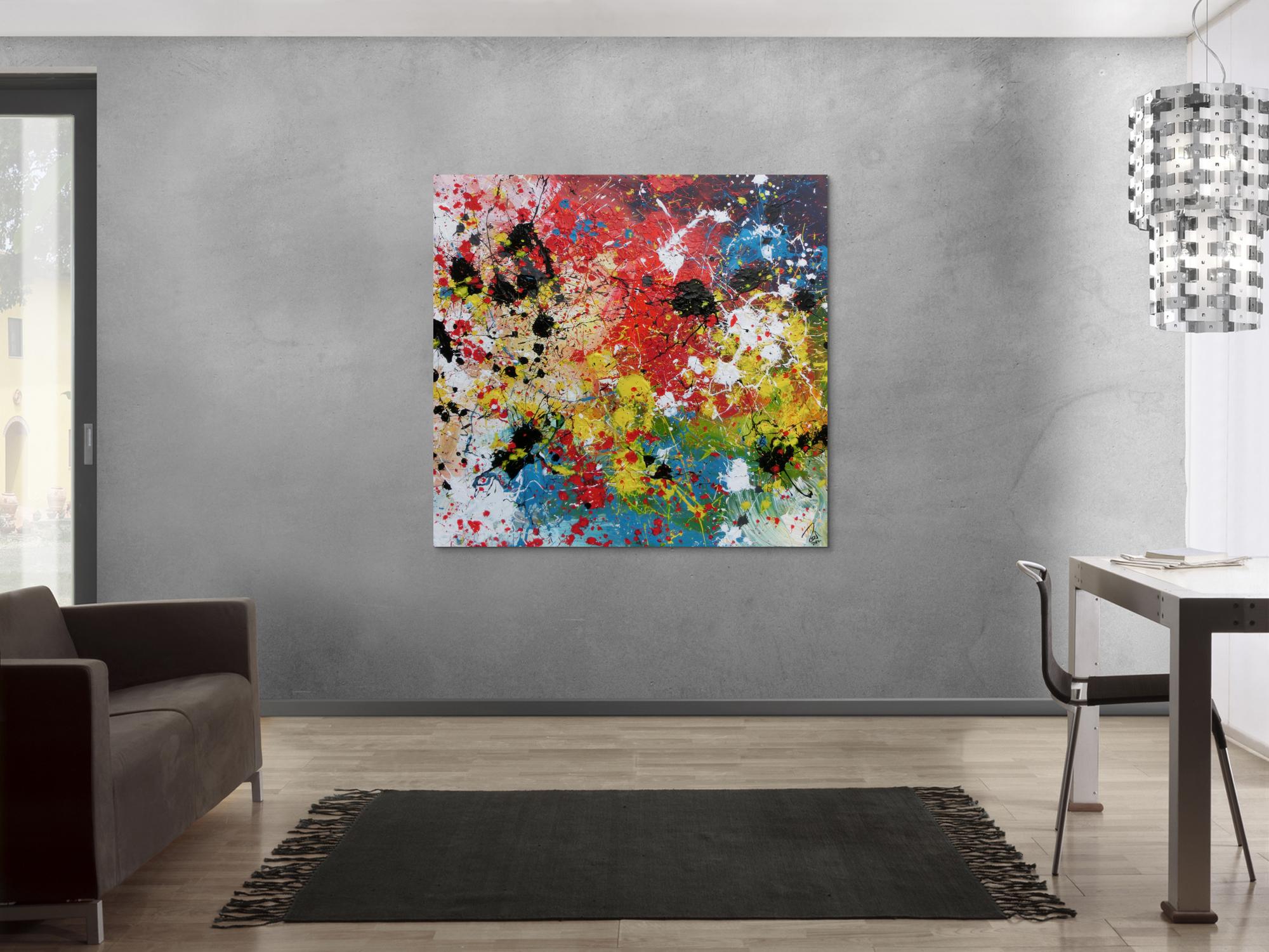 Abstraktes Acrylbild sehr bunt Action Painting Splash Art viele bunte Farben und Flecken