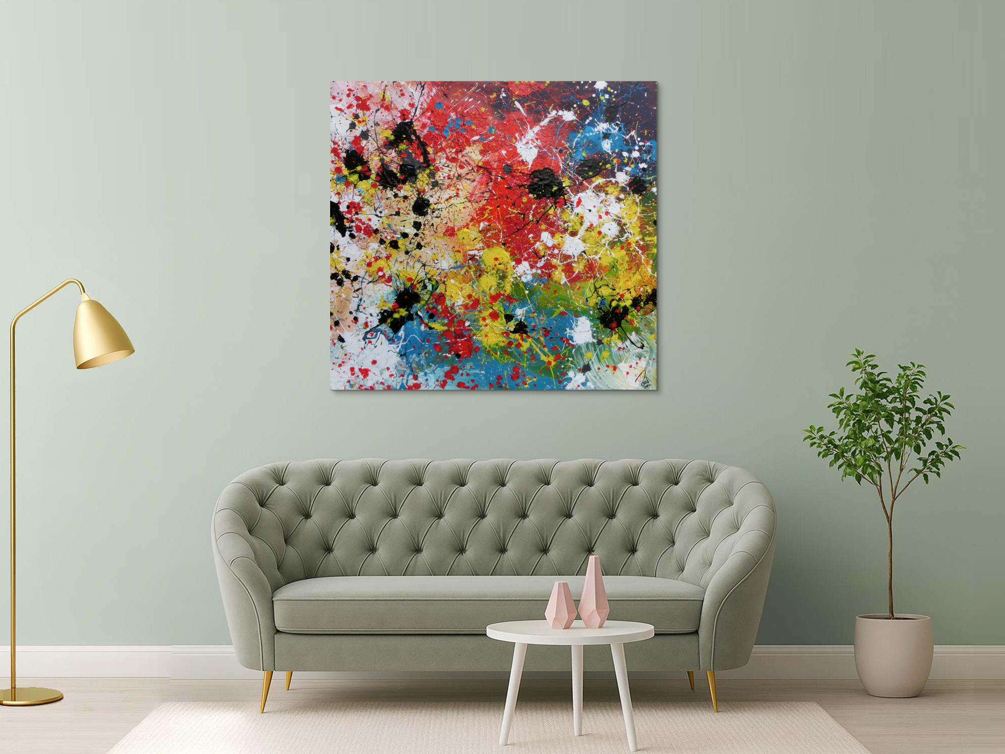 Abstraktes Acrylbild sehr bunt Action Painting Splash Art viele bunte Farben und Flecken