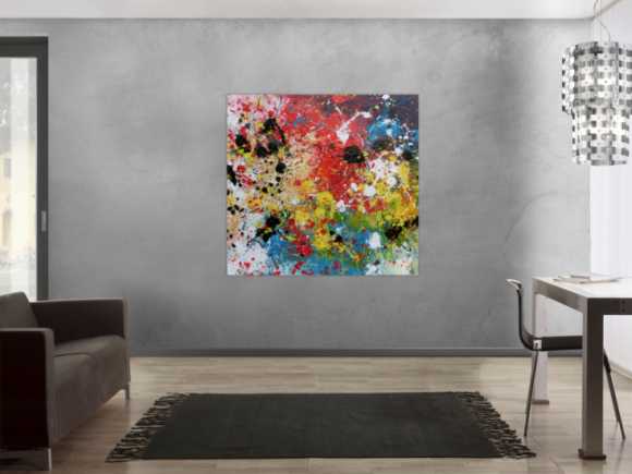 Abstraktes Acrylbild sehr bunt Action Painting Splash Art viele bunte Farben und Flecken