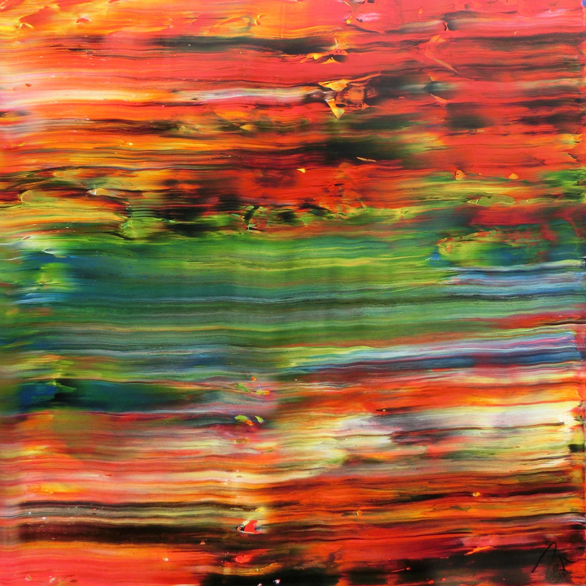 Abstraktes Acrylbild sehr modern in orange rot grün blau Spachteltechnik zeitgenössisch