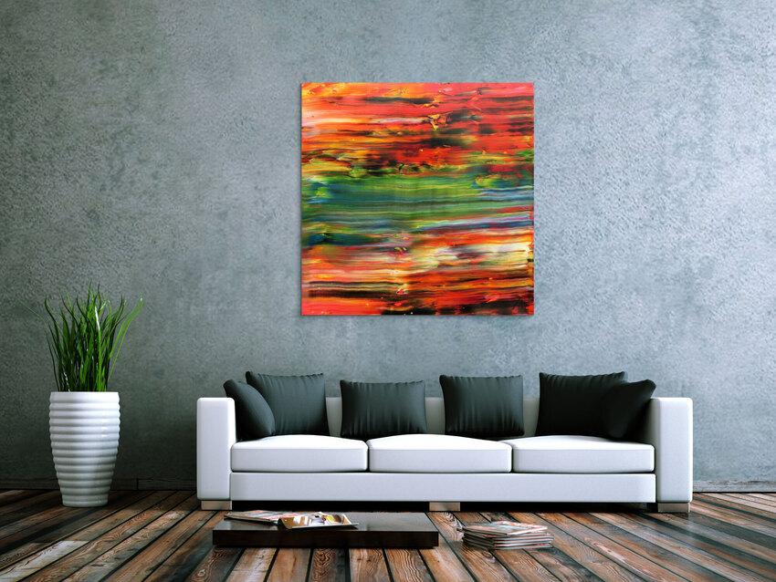 Abstraktes Acrylbild sehr modern in orange rot grün blau Spachteltechnik zeitgenössisch