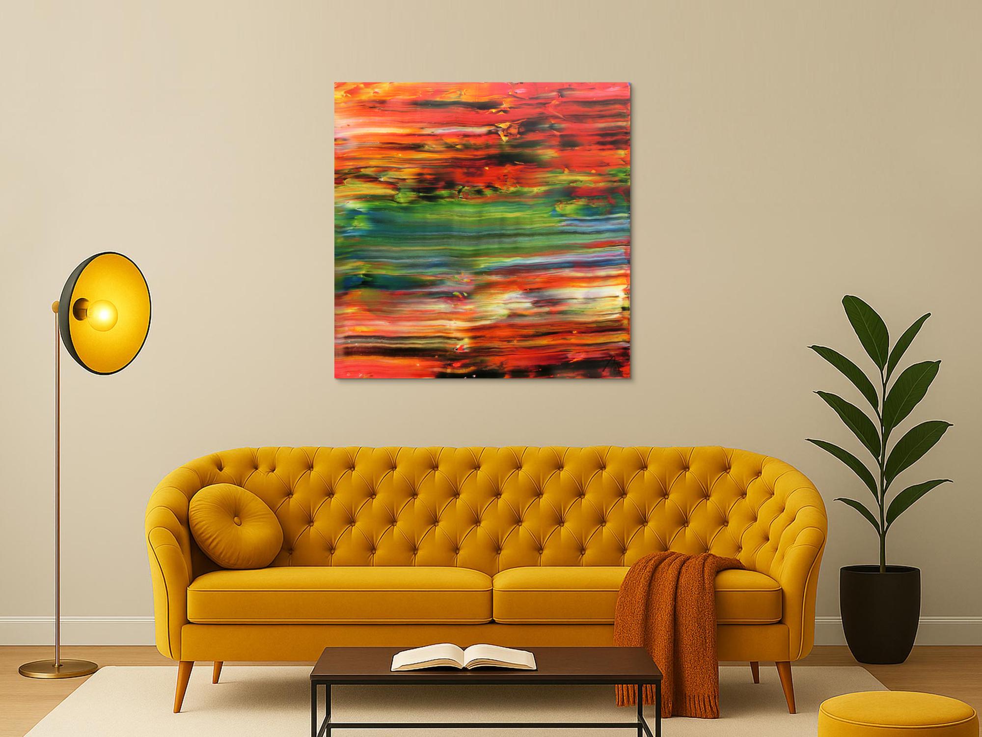 Abstraktes Acrylbild sehr modern in orange rot grün blau Spachteltechnik zeitgenössisch