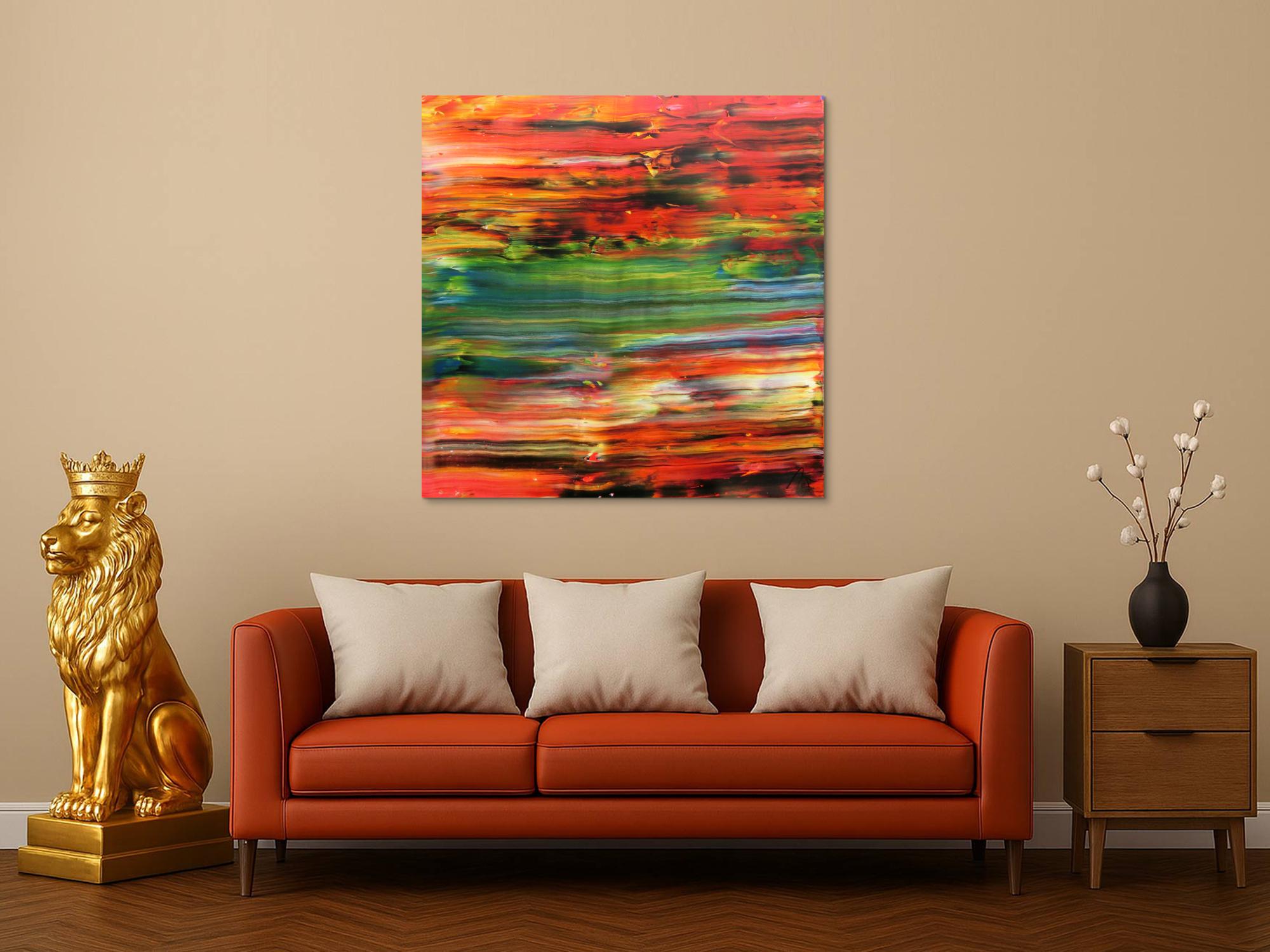 Abstraktes Acrylbild sehr modern in orange rot grün blau Spachteltechnik zeitgenössisch