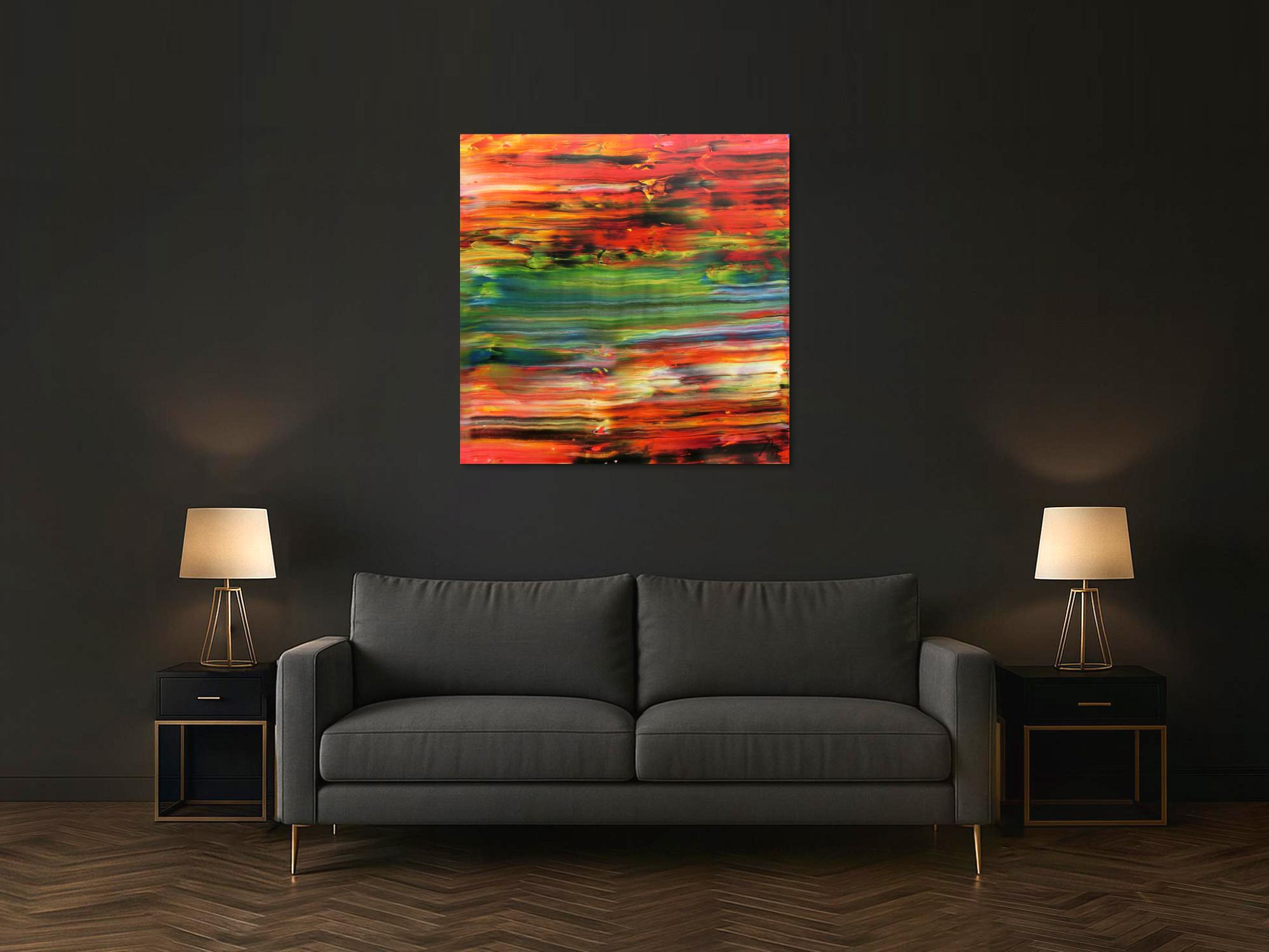 Abstraktes Acrylbild sehr modern in orange rot grün blau Spachteltechnik zeitgenössisch