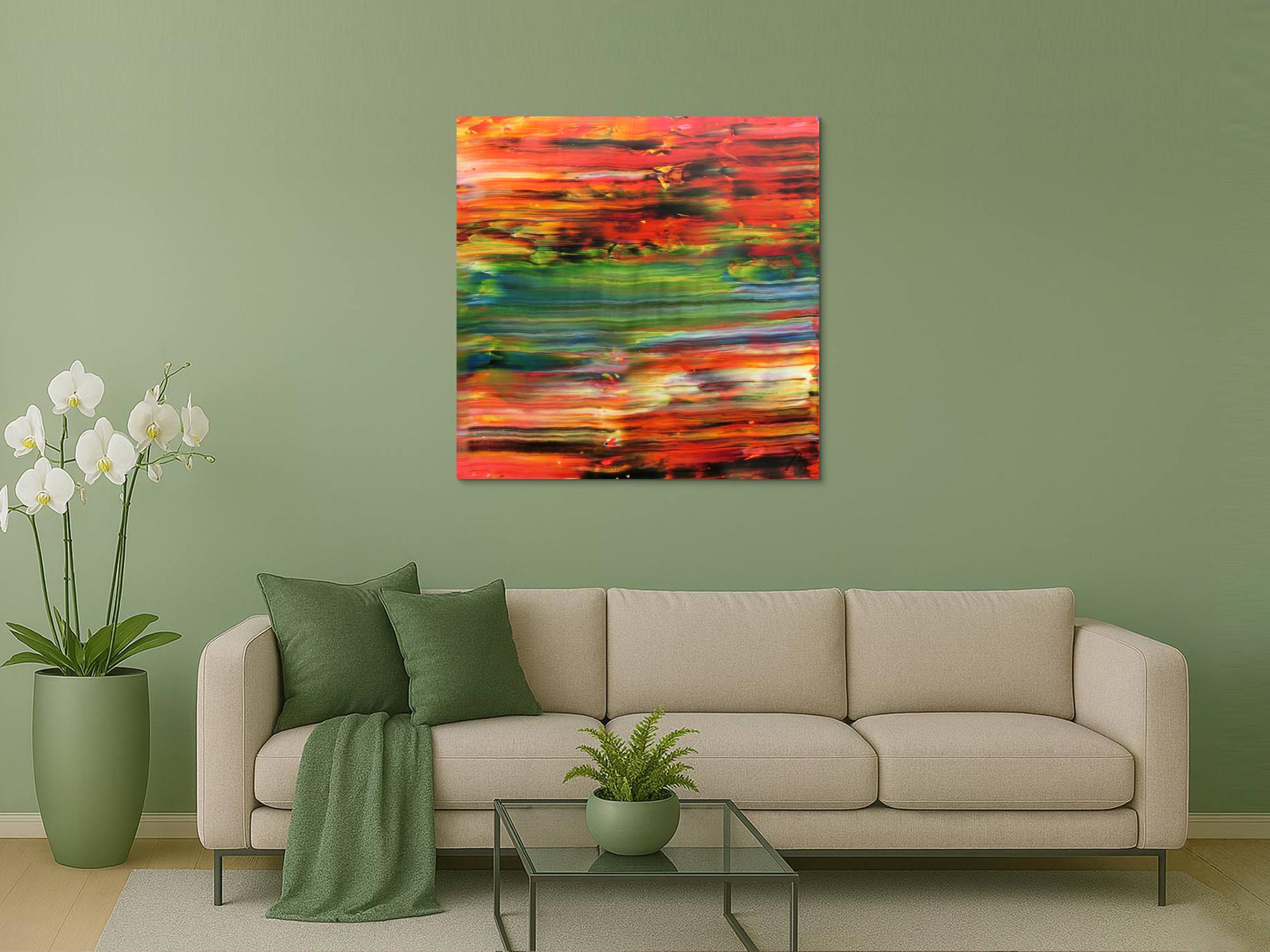 Abstraktes Acrylbild sehr modern in orange rot grün blau Spachteltechnik zeitgenössisch