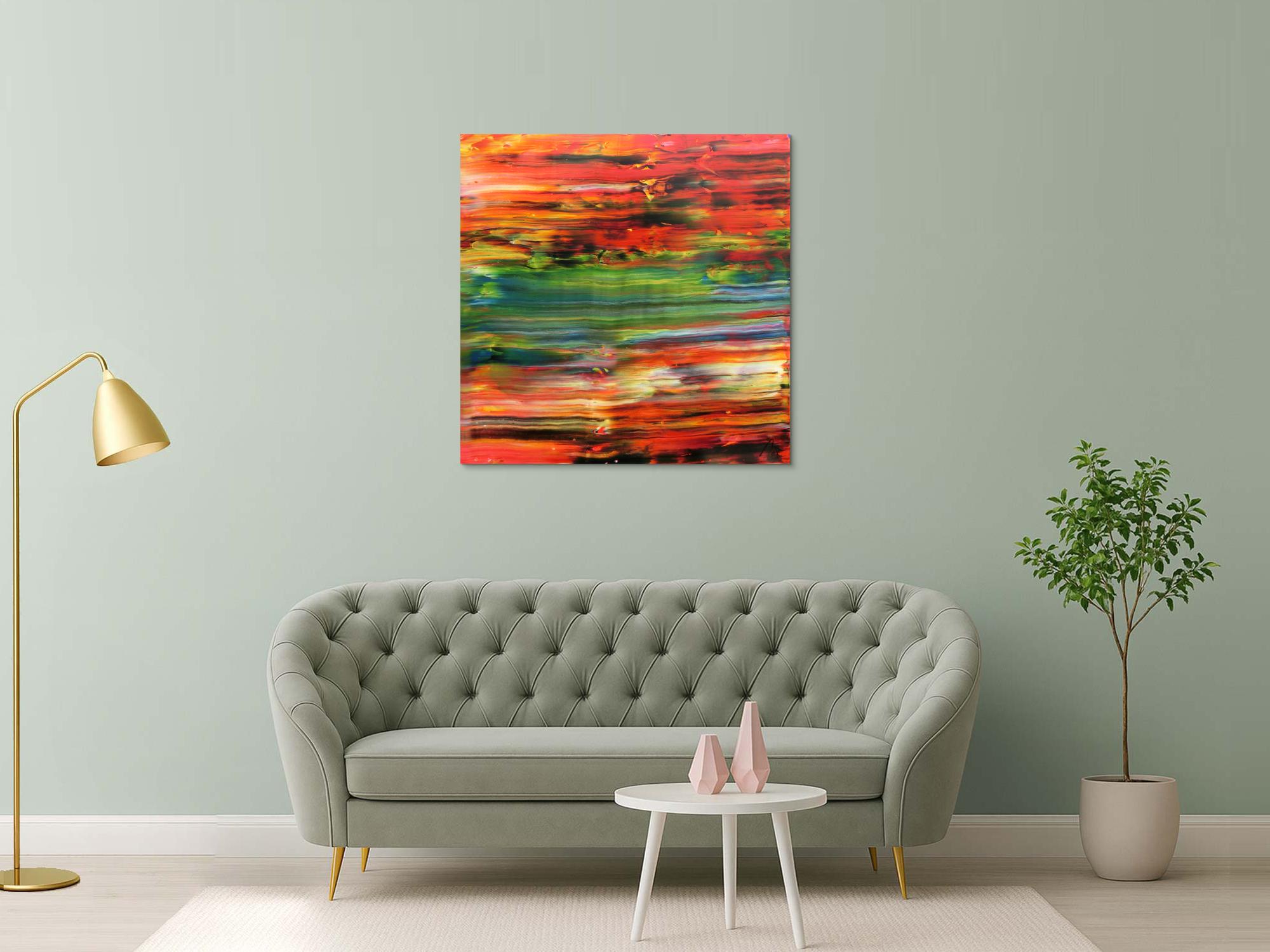 Abstraktes Acrylbild sehr modern in orange rot grün blau Spachteltechnik zeitgenössisch