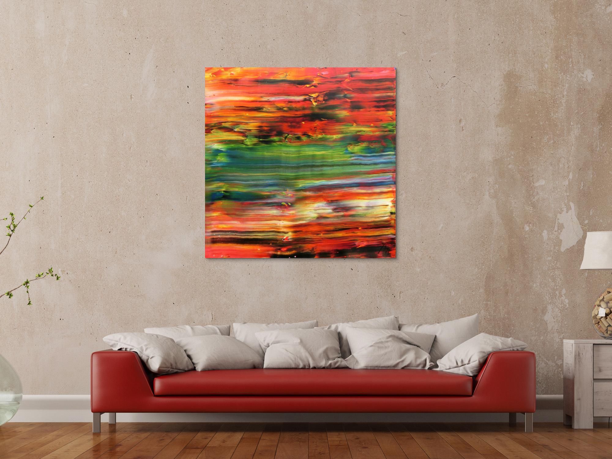 Abstraktes Acrylbild sehr modern in orange rot grün blau Spachteltechnik zeitgenössisch