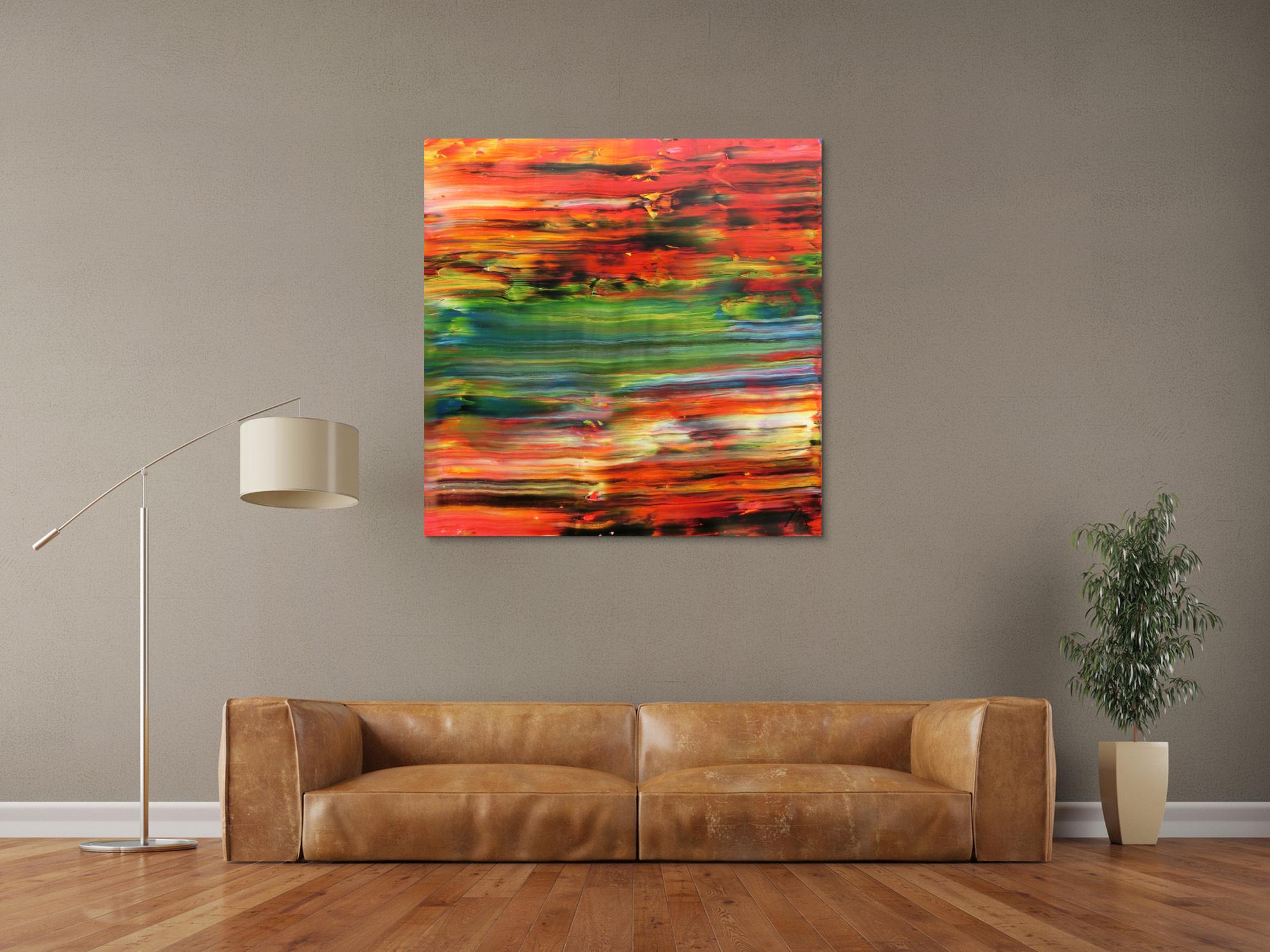 Abstraktes Acrylbild sehr modern in orange rot grün blau Spachteltechnik zeitgenössisch