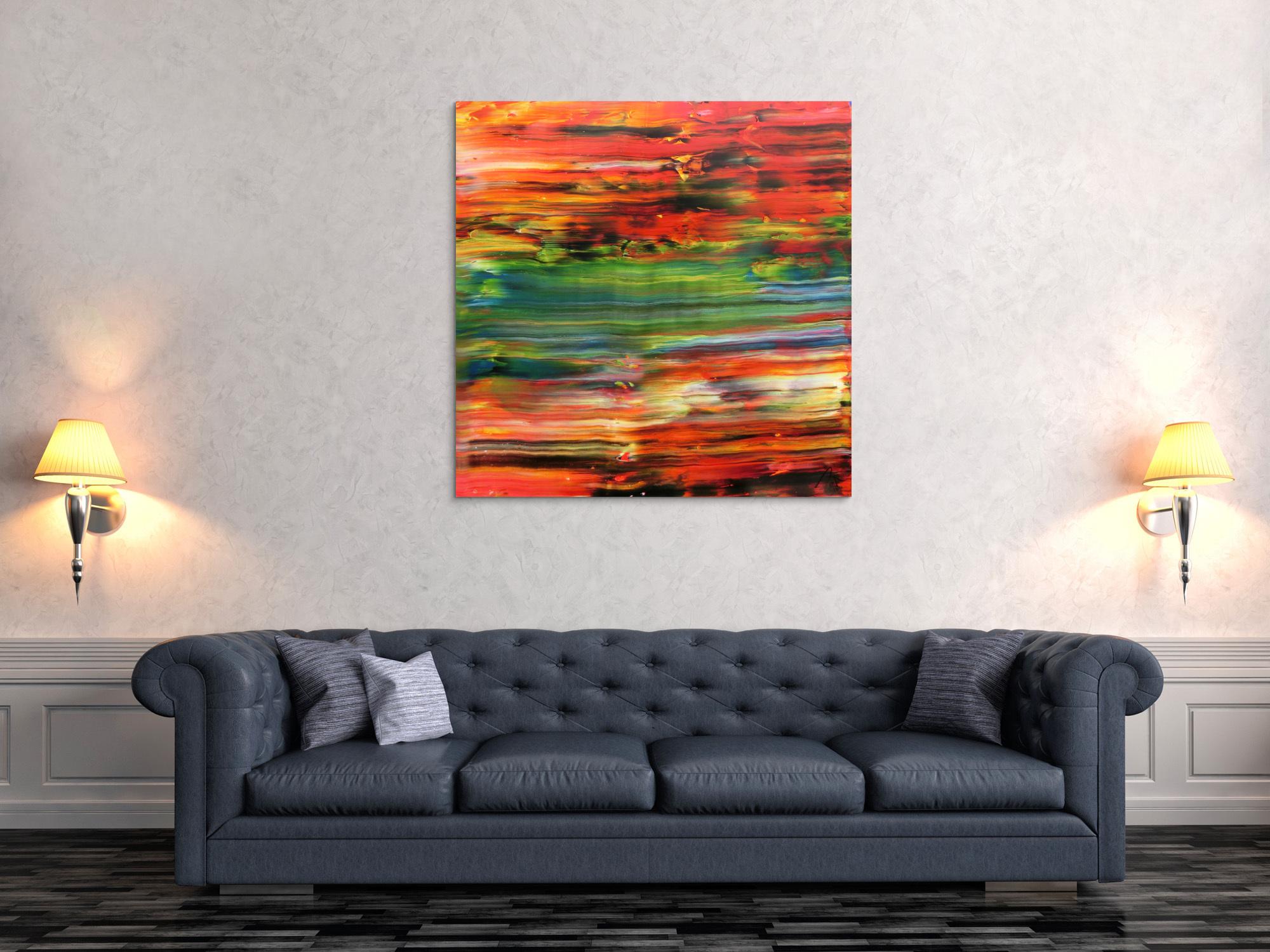 Abstraktes Acrylbild sehr modern in orange rot grün blau Spachteltechnik zeitgenössisch