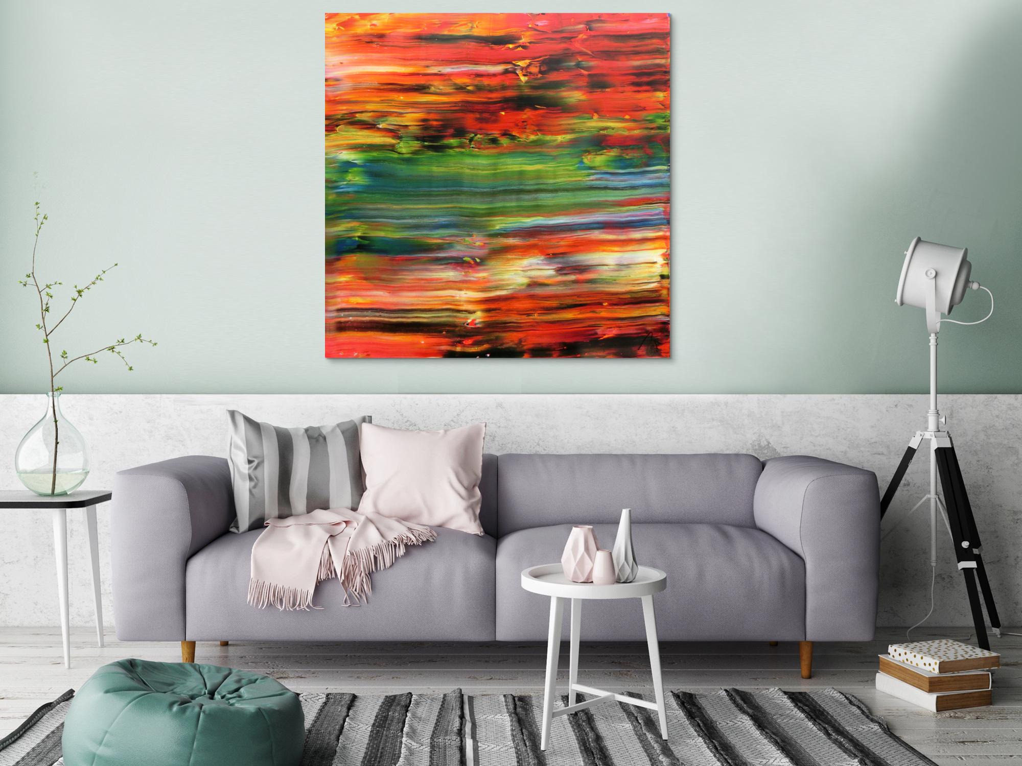 Abstraktes Acrylbild sehr modern in orange rot grün blau Spachteltechnik zeitgenössisch