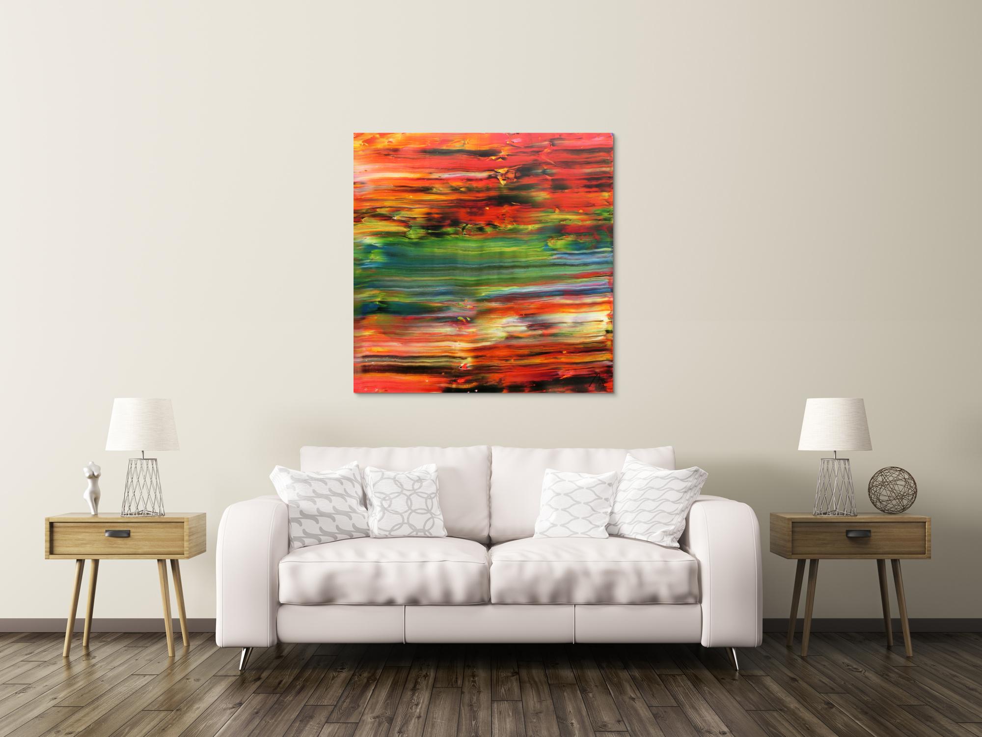 Abstraktes Acrylbild sehr modern in orange rot grün blau Spachteltechnik zeitgenössisch