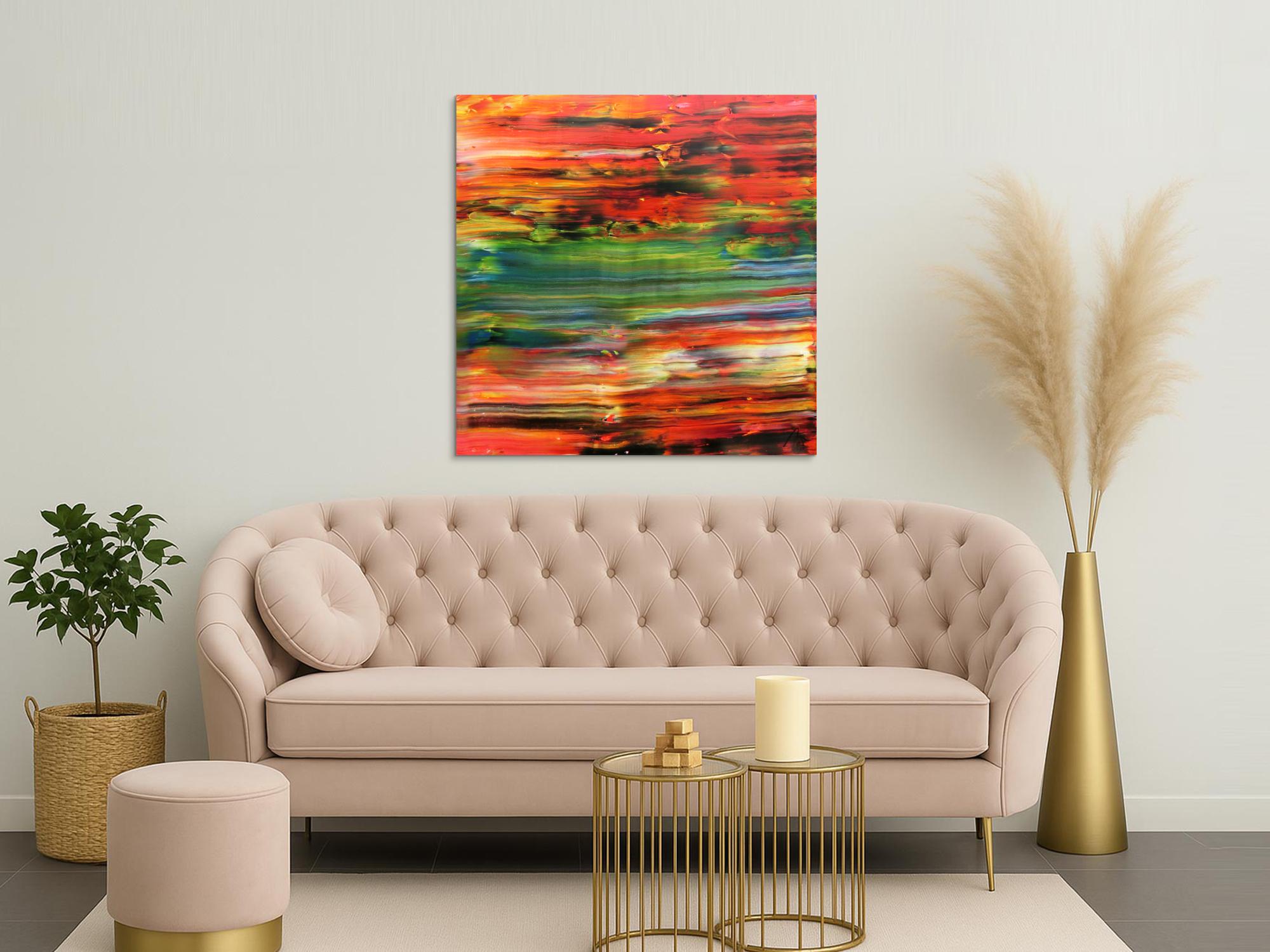 Abstraktes Acrylbild sehr modern in orange rot grün blau Spachteltechnik zeitgenössisch