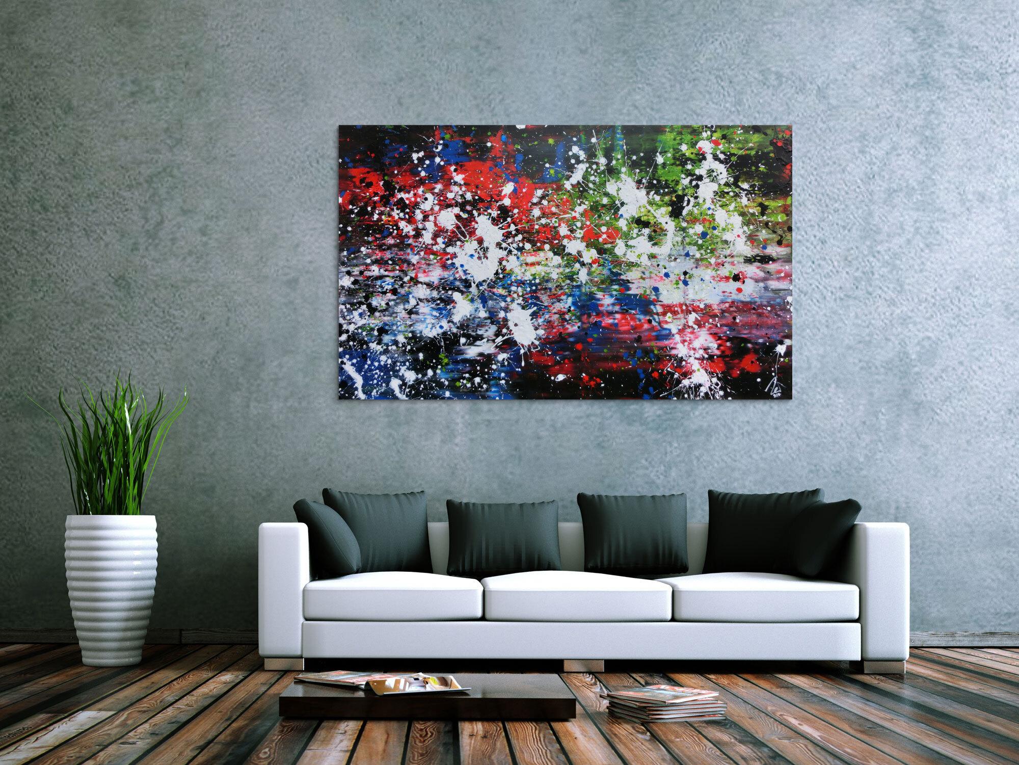Abstraktes Acrylbild Action Painting Mischtechnik sehr modern dunkel und bunt