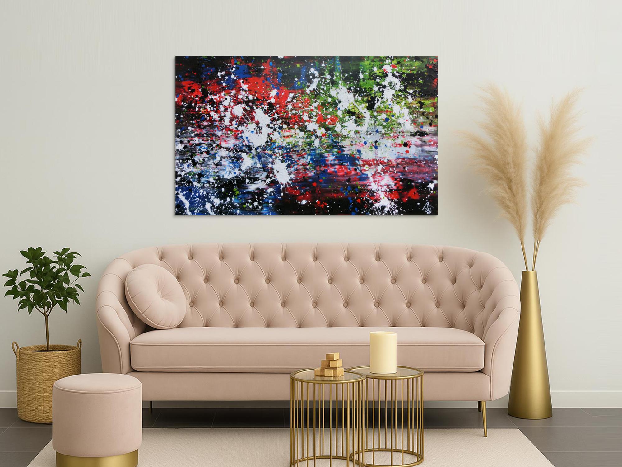 Abstraktes Acrylbild Action Painting Mischtechnik sehr modern dunkel und bunt