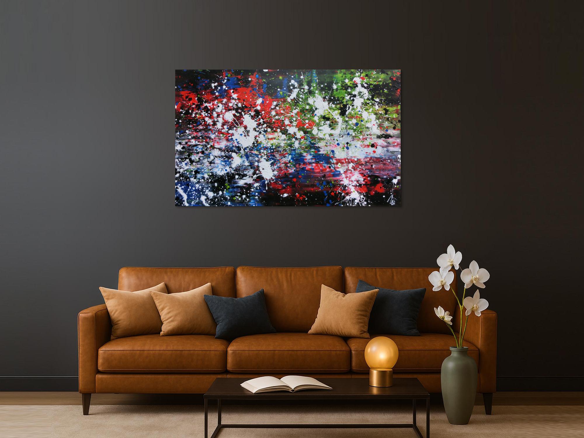 Abstraktes Acrylbild Action Painting Mischtechnik sehr modern dunkel und bunt