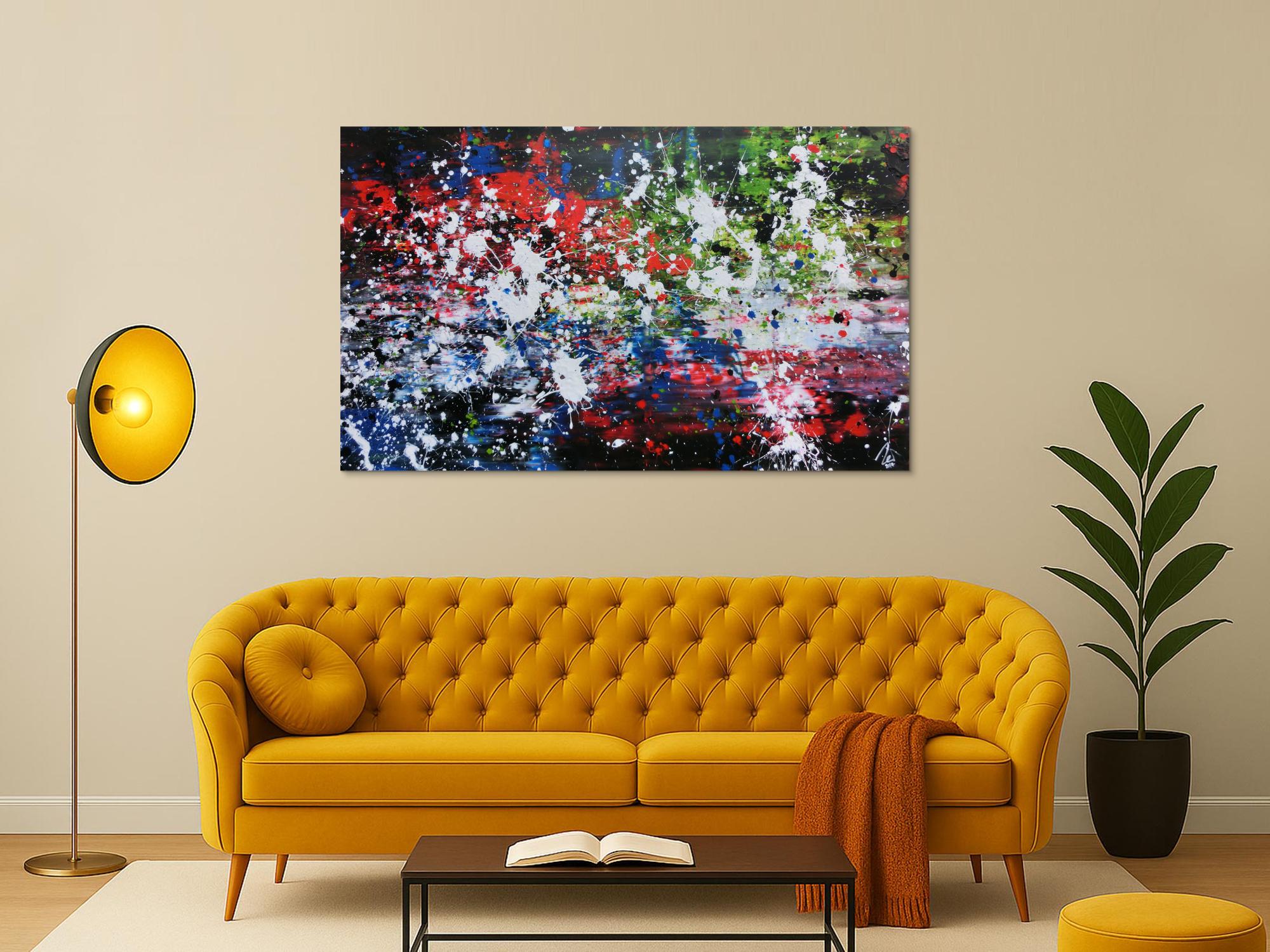 Abstraktes Acrylbild Action Painting Mischtechnik sehr modern dunkel und bunt