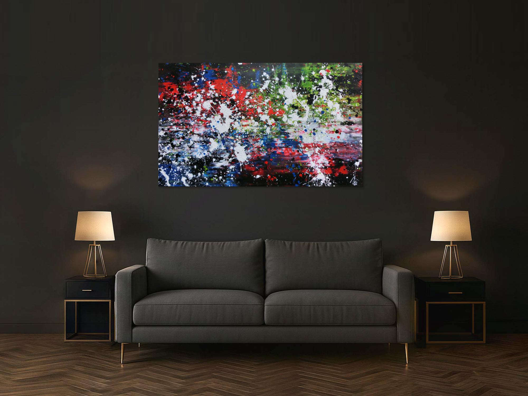 Abstraktes Acrylbild Action Painting Mischtechnik sehr modern dunkel und bunt