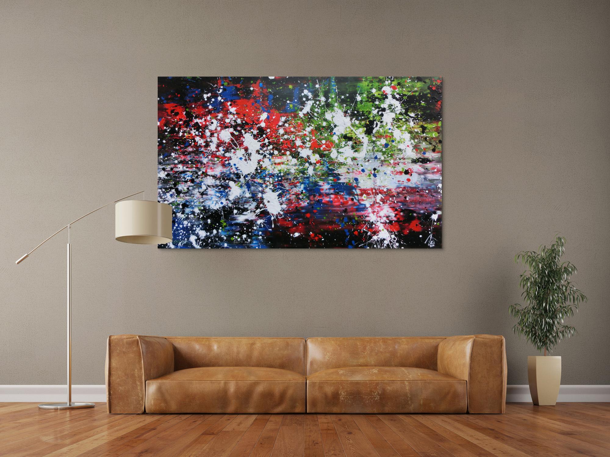 Abstraktes Acrylbild Action Painting Mischtechnik sehr modern dunkel und bunt