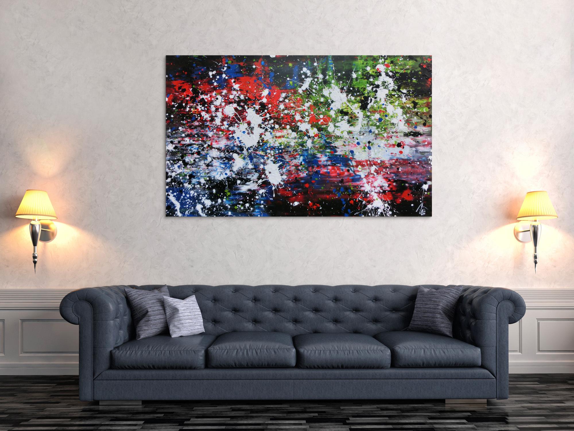 Abstraktes Acrylbild Action Painting Mischtechnik sehr modern dunkel und bunt