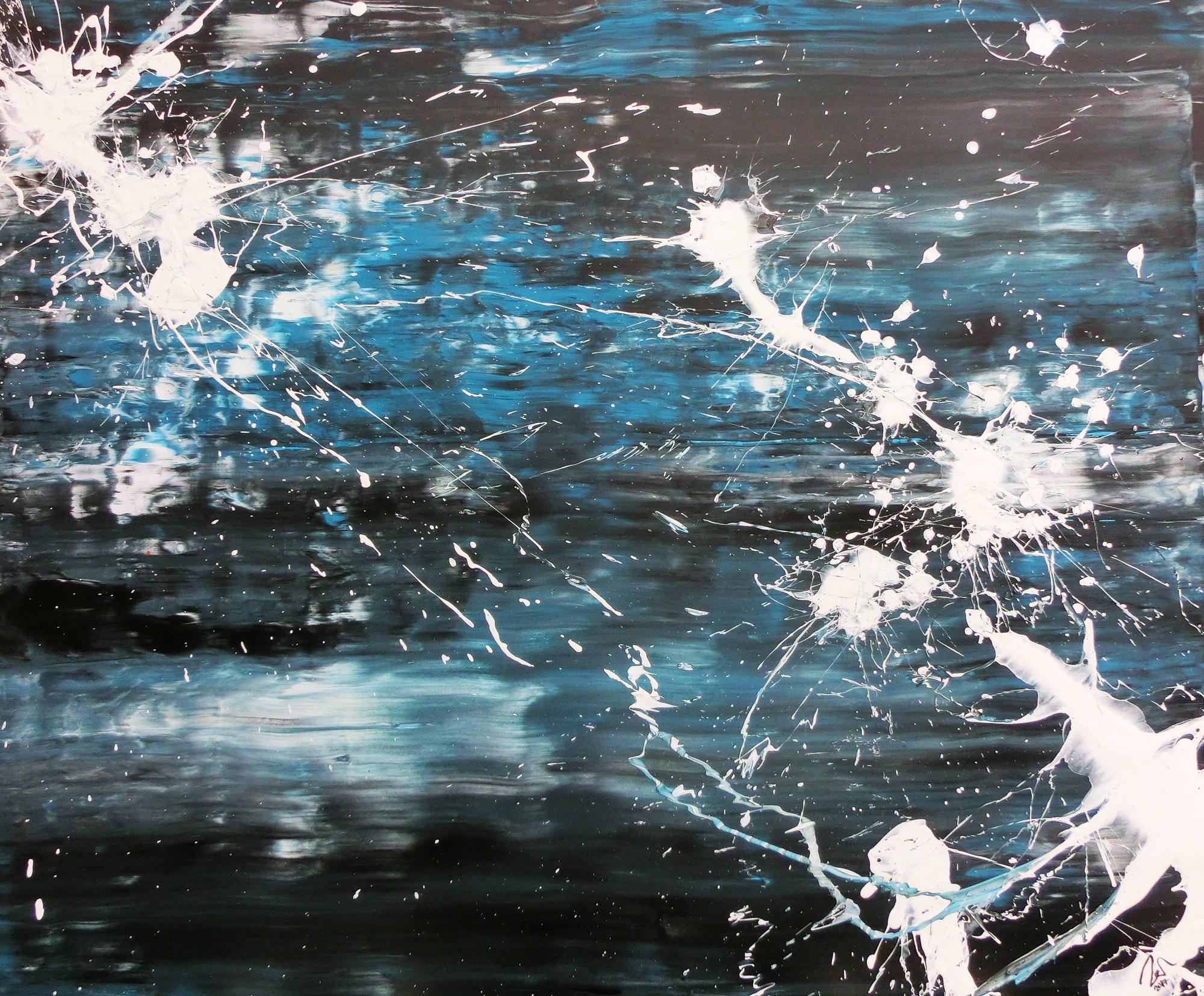 Abstraktes Acrylbild Action Painting sehr modern in dunkelblau schwarz und weiß Spachteltechnik und Splash Art