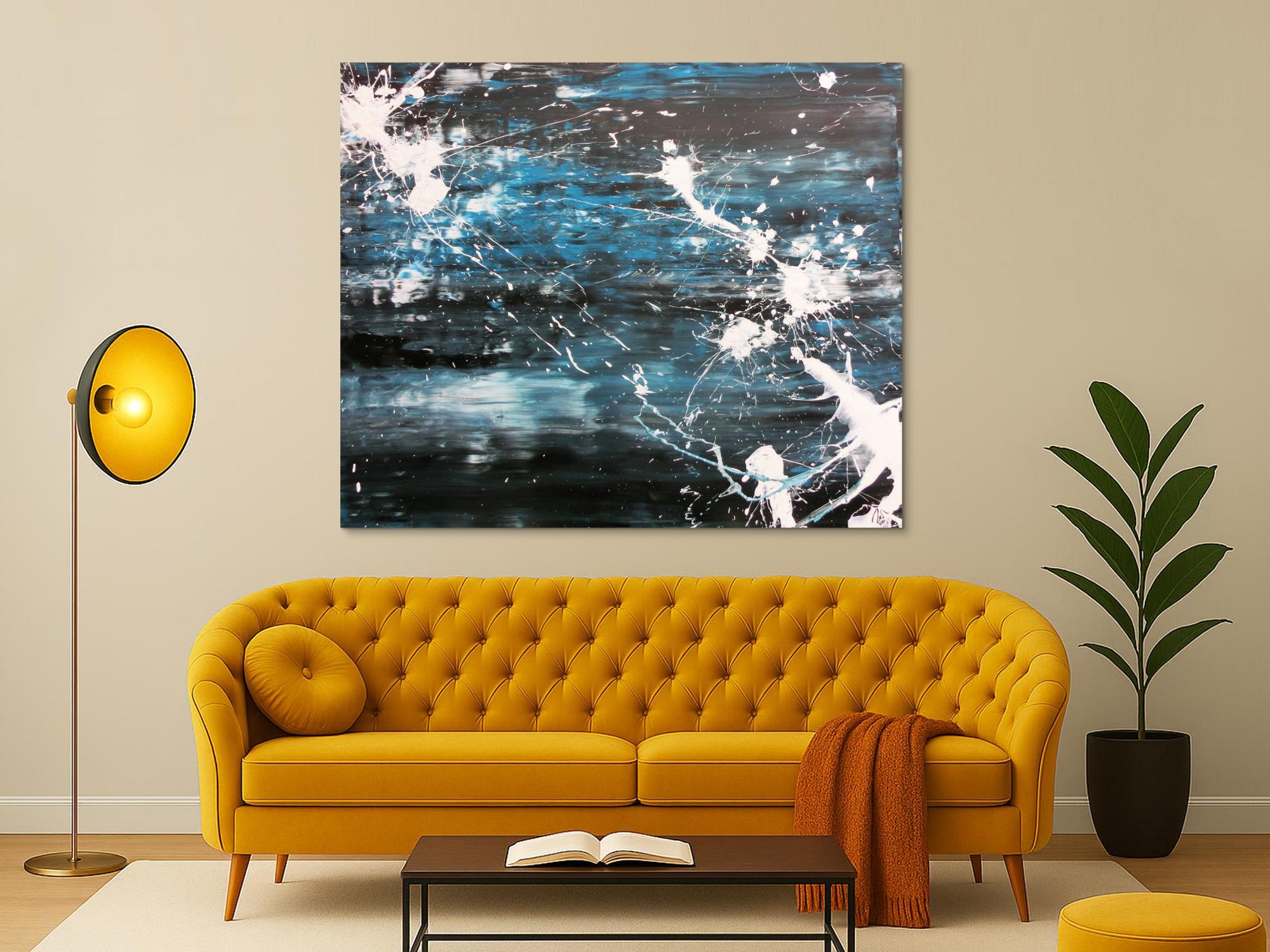 Abstraktes Acrylbild Action Painting sehr modern in dunkelblau schwarz und weiß Spachteltechnik und Splash Art