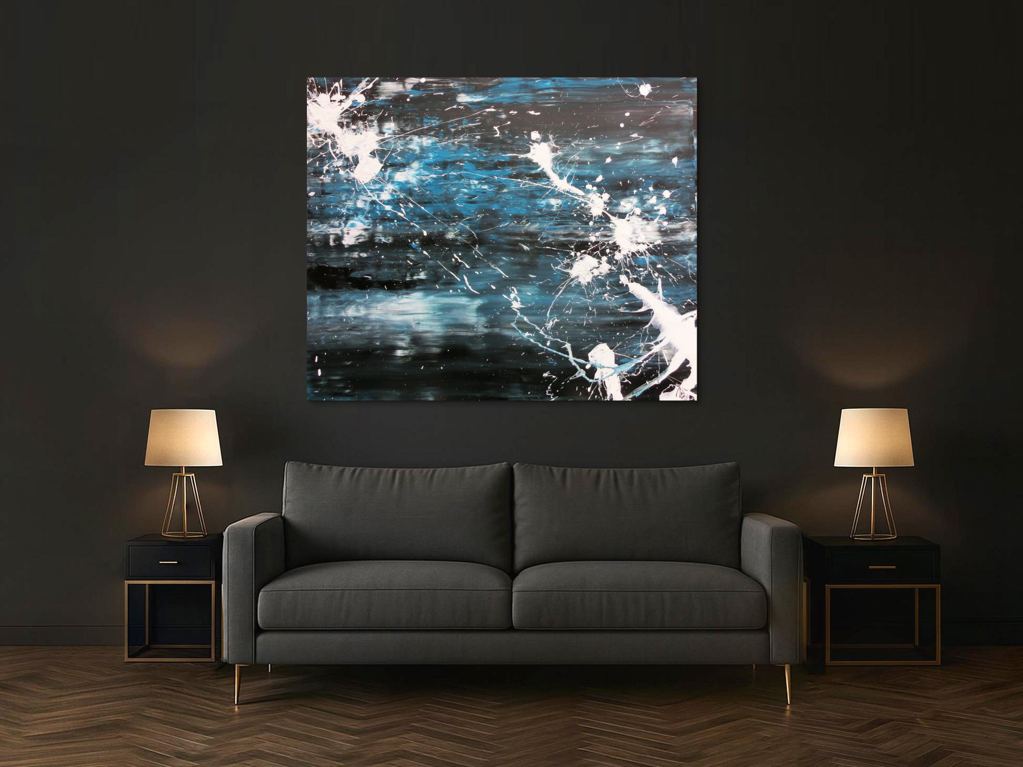 Abstraktes Acrylbild Action Painting sehr modern in dunkelblau schwarz und weiß Spachteltechnik und Splash Art