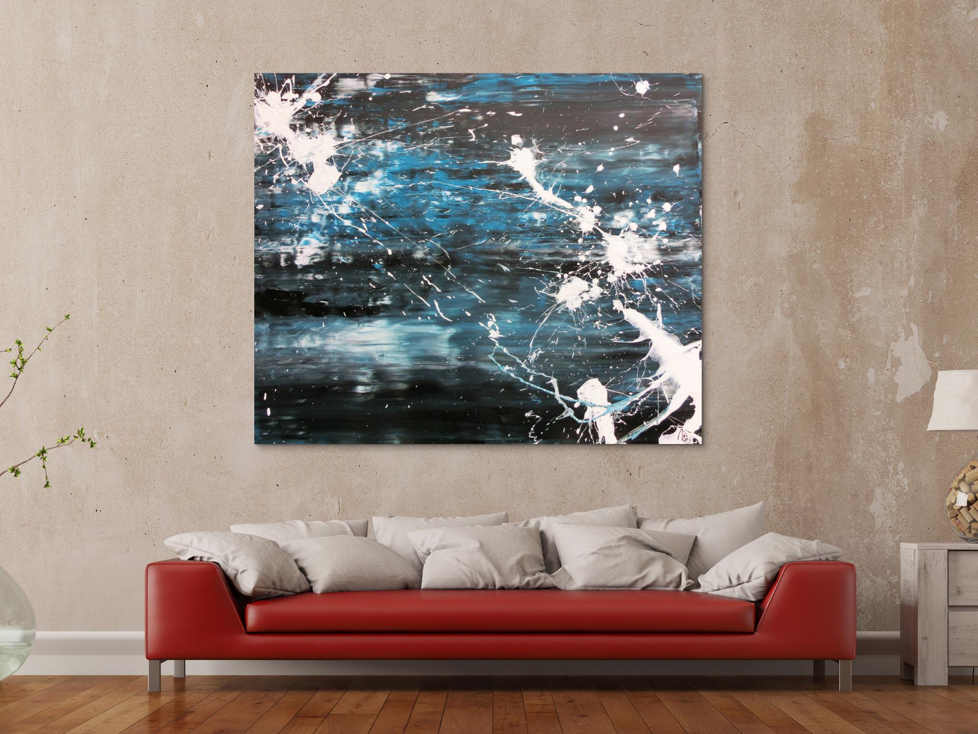 Abstraktes Acrylbild Action Painting sehr modern in dunkelblau schwarz und weiß Spachteltechnik und Splash Art