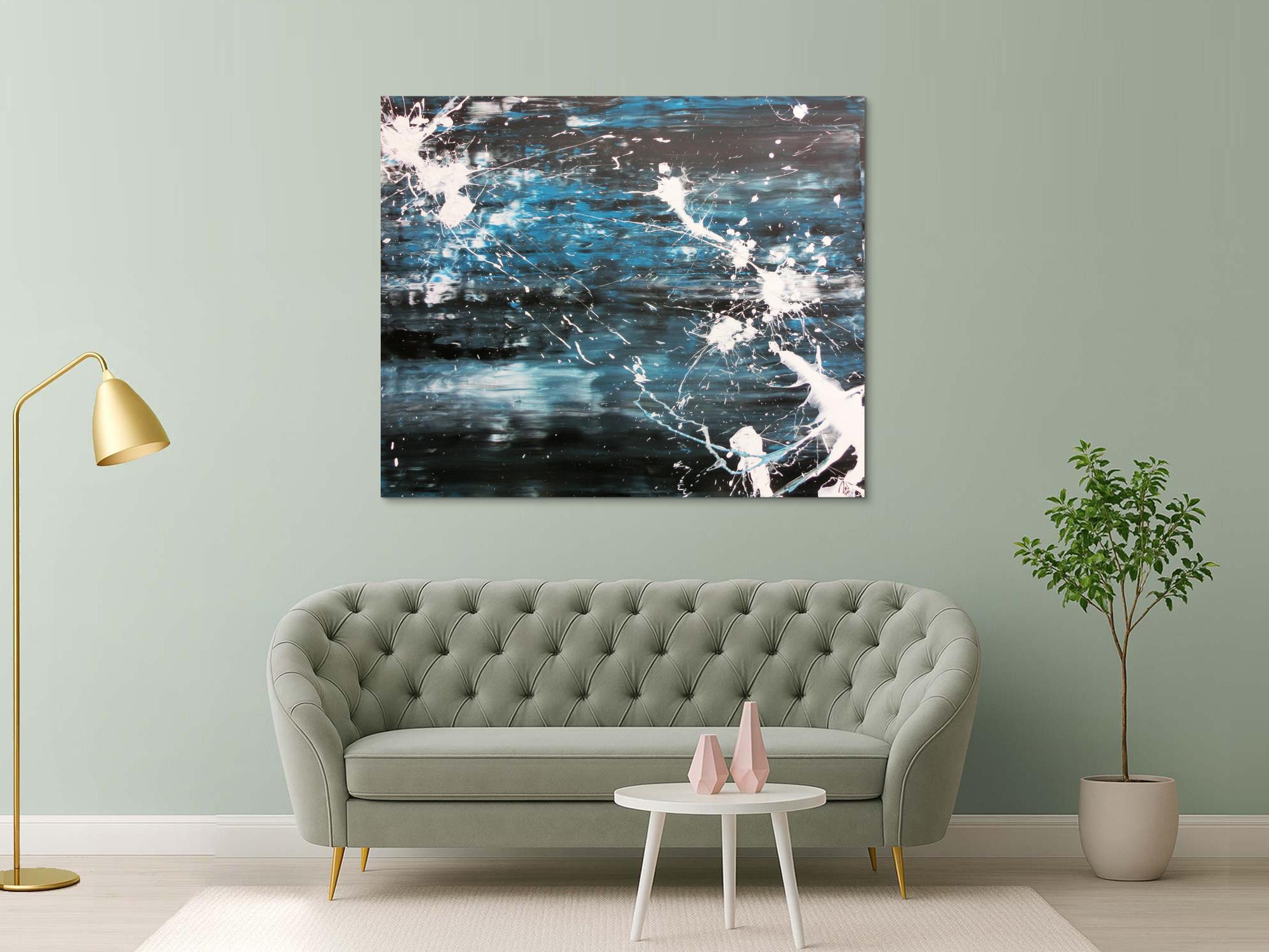 Abstraktes Acrylbild Action Painting sehr modern in dunkelblau schwarz und weiß Spachteltechnik und Splash Art