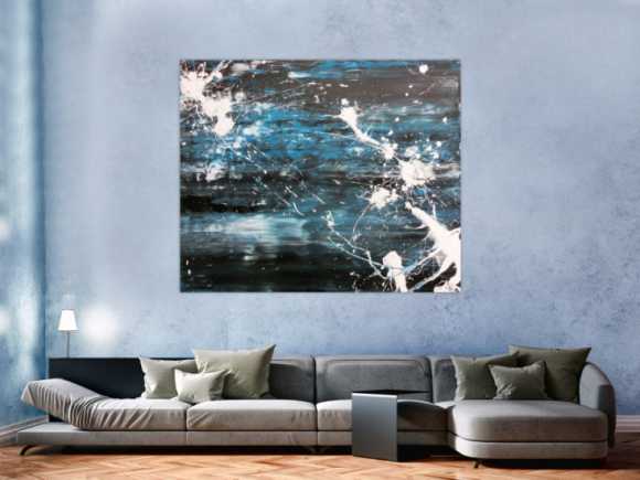 Abstraktes Acrylbild Action Painting sehr modern in dunkelblau schwarz und weiß Spachteltechnik und Splash Art