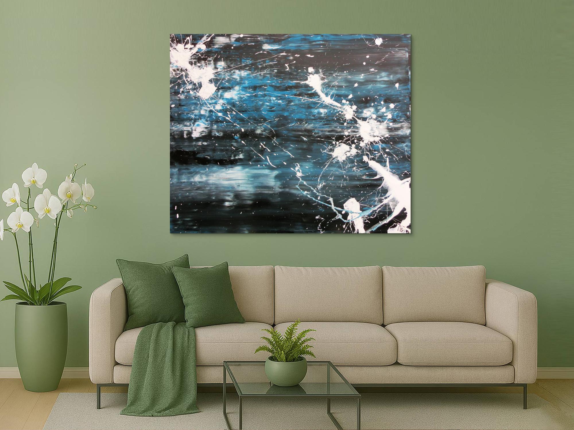 Abstraktes Acrylbild Action Painting sehr modern in dunkelblau schwarz und weiß Spachteltechnik und Splash Art