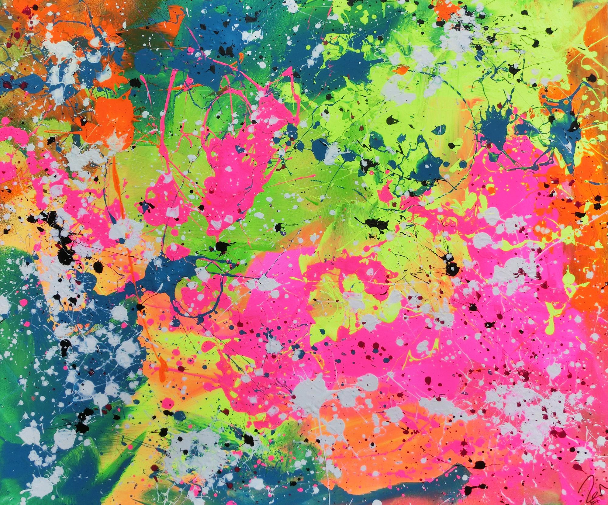 Abstraktes Acrylbild sehr modern in neon Farben Action Painting Splash Art fluoreszierende Farben