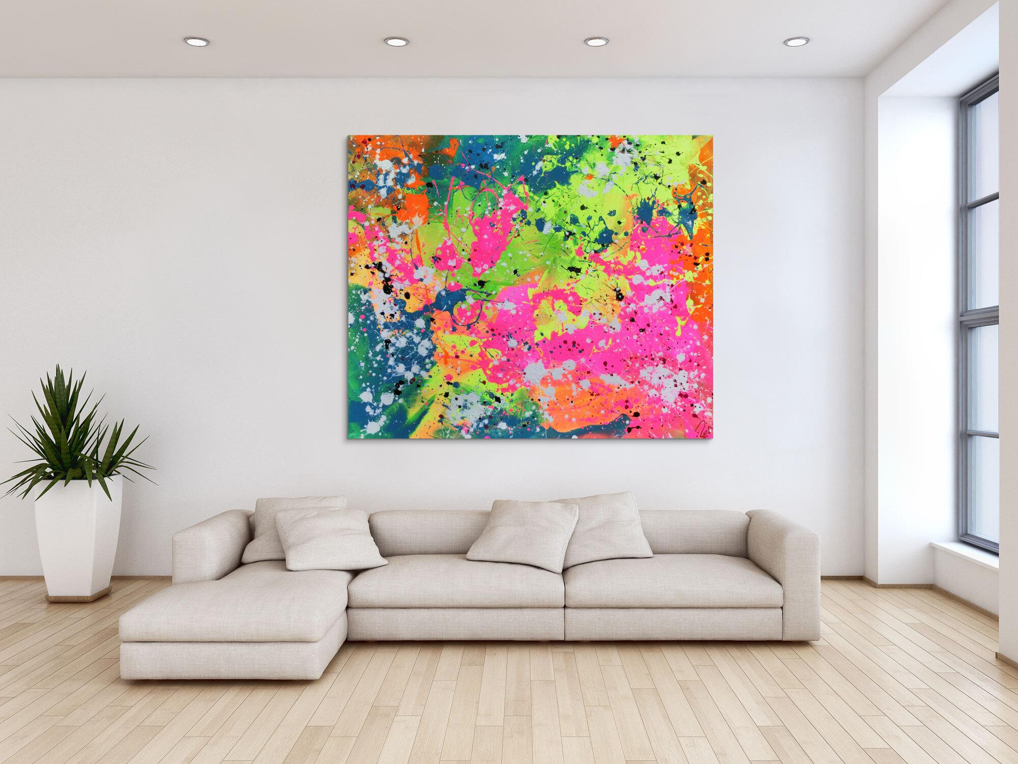 Abstraktes Acrylbild sehr modern in neon Farben Action Painting Splash Art fluoreszierende Farben