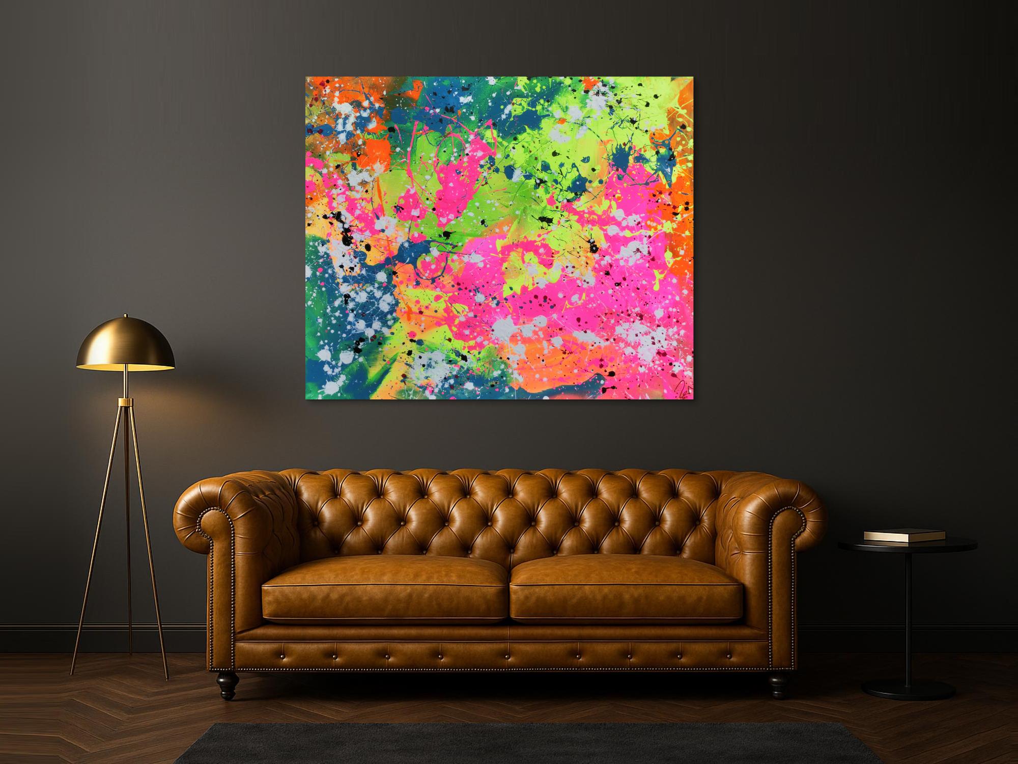 Abstraktes Acrylbild sehr modern in neon Farben Action Painting Splash Art fluoreszierende Farben